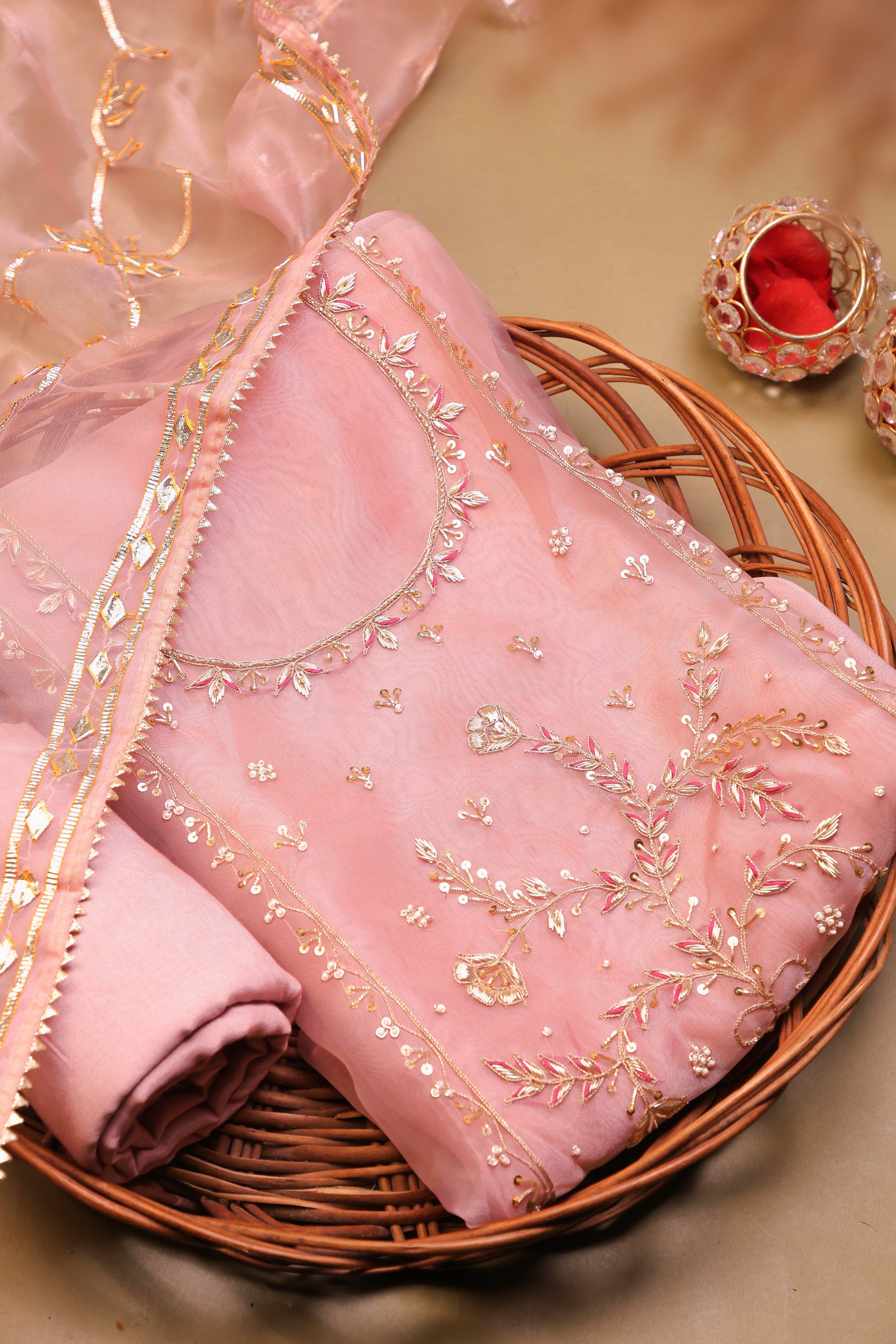 Onion Pink Unstitch Suit with Heavy Handcrafted Zardozi and Gota Patti Work