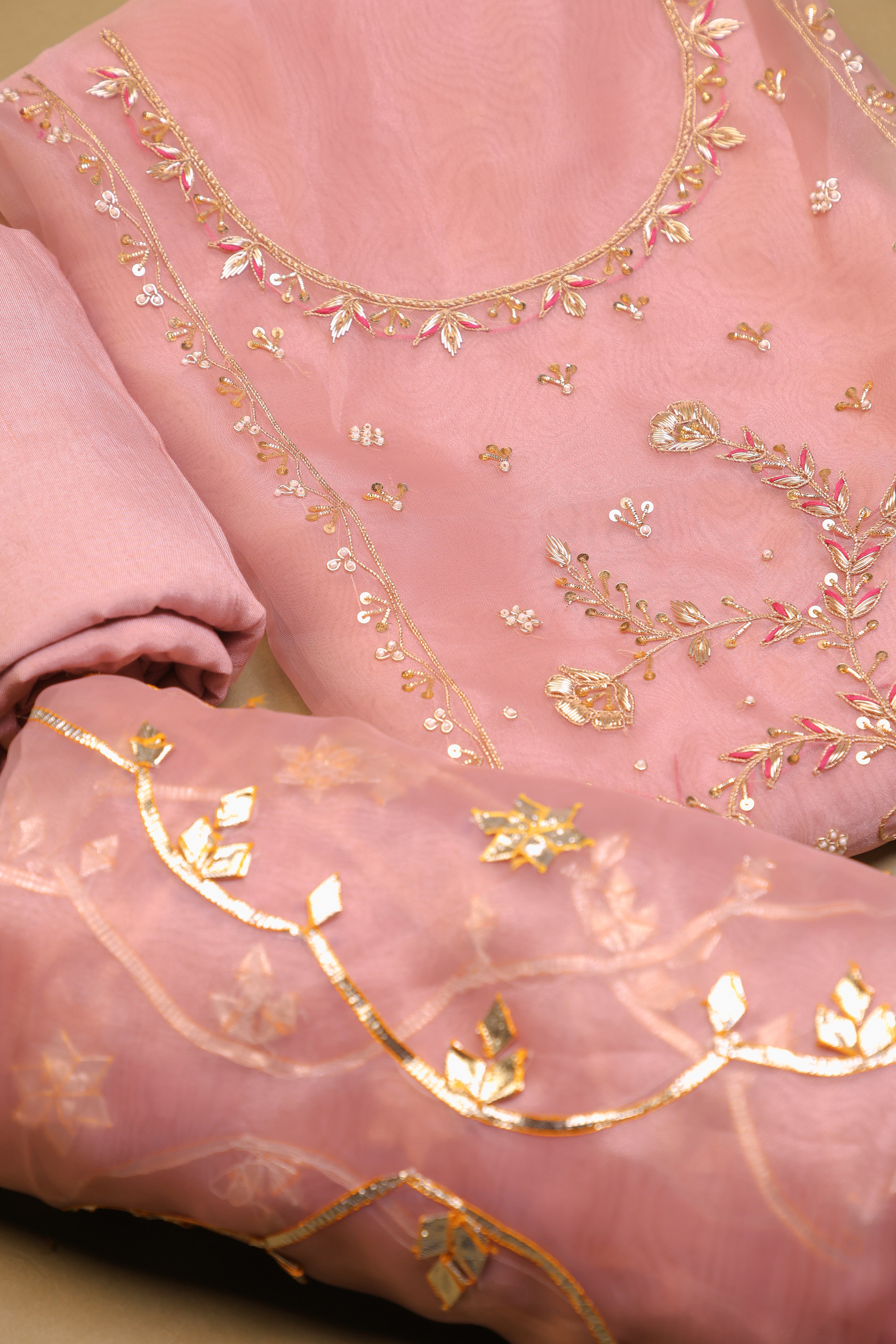 Onion Pink Unstitch Suit with Heavy Handcrafted Zardozi and Gota Patti Work