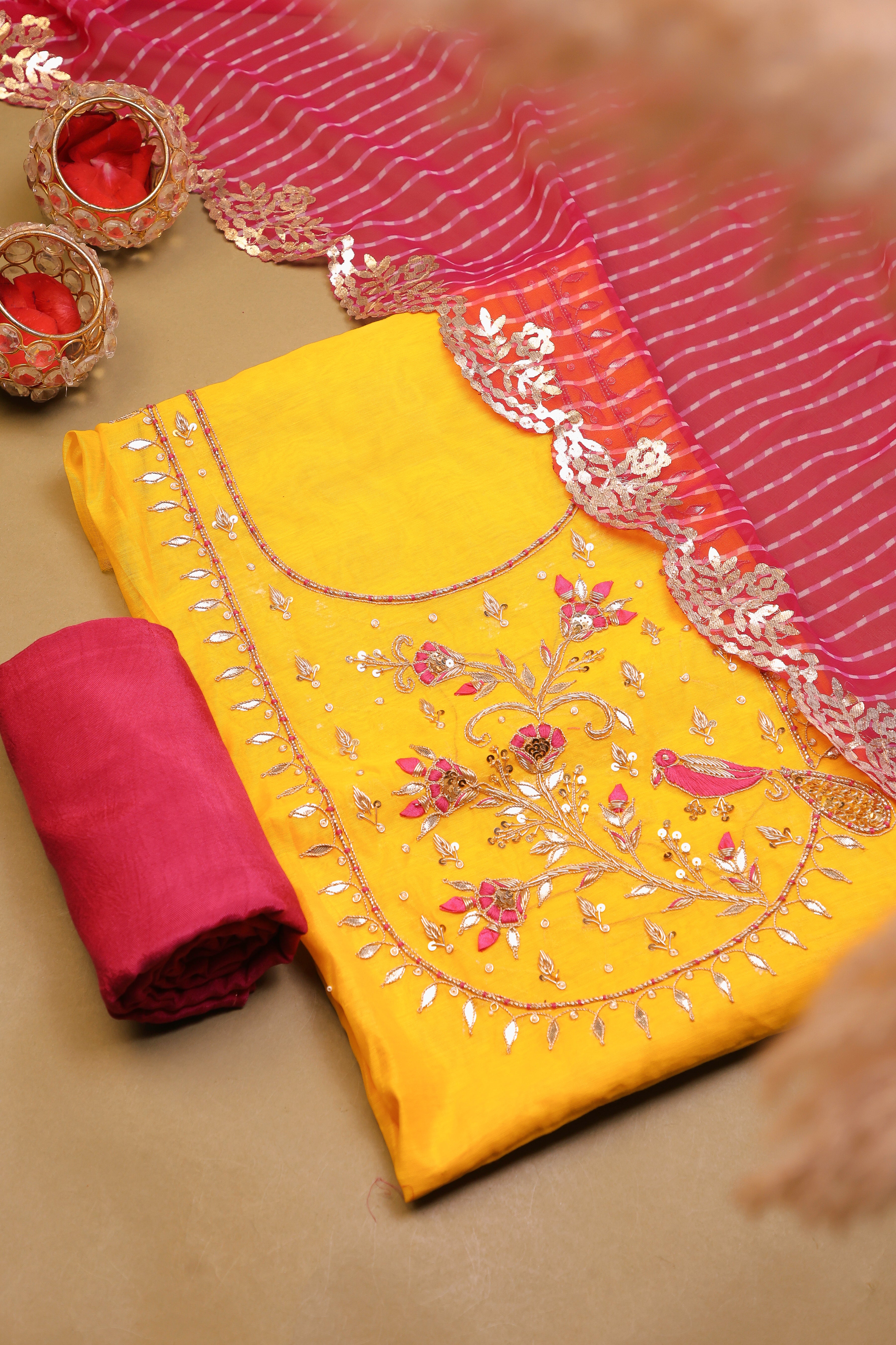 Haldi Color Unstitch Suit with Handcrafted Zardozi, Rani Thread Peacock Work and Lahariya Dupatta