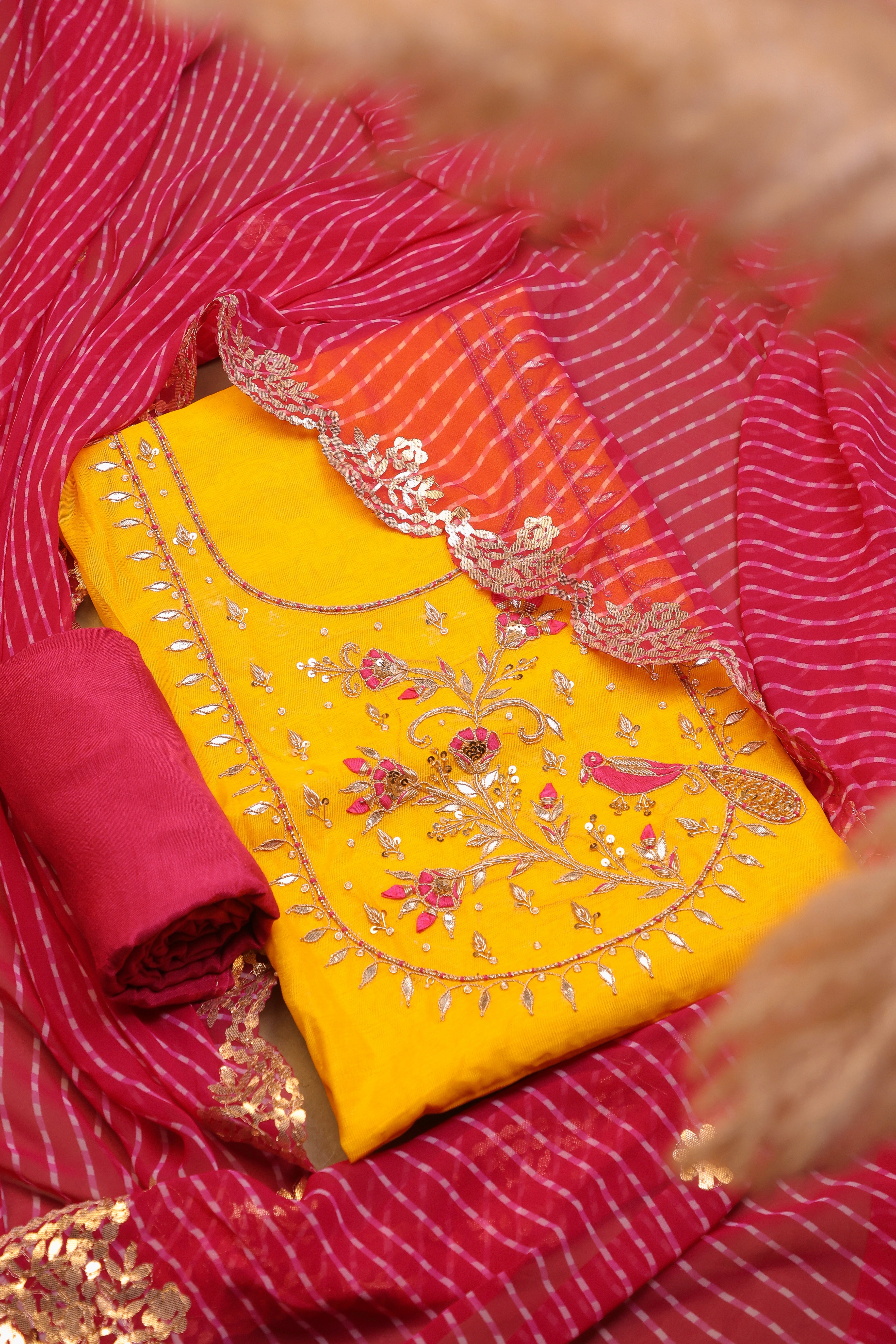 Haldi Color Unstitch Suit with Handcrafted Zardozi, Rani Thread Peacock Work and Lahariya Dupatta