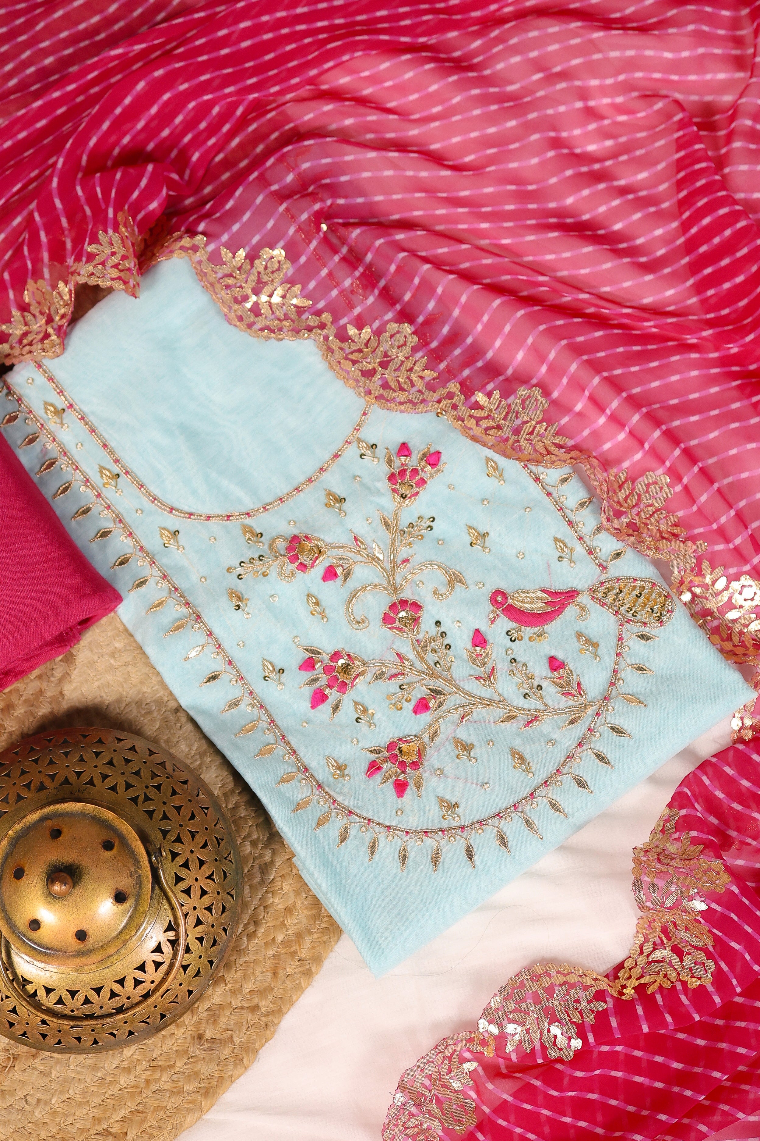 Sky Blue Unstitch Suit with Handcrafted Zardozi, Rani Thread Peacock Work and Lahariya Dupatta