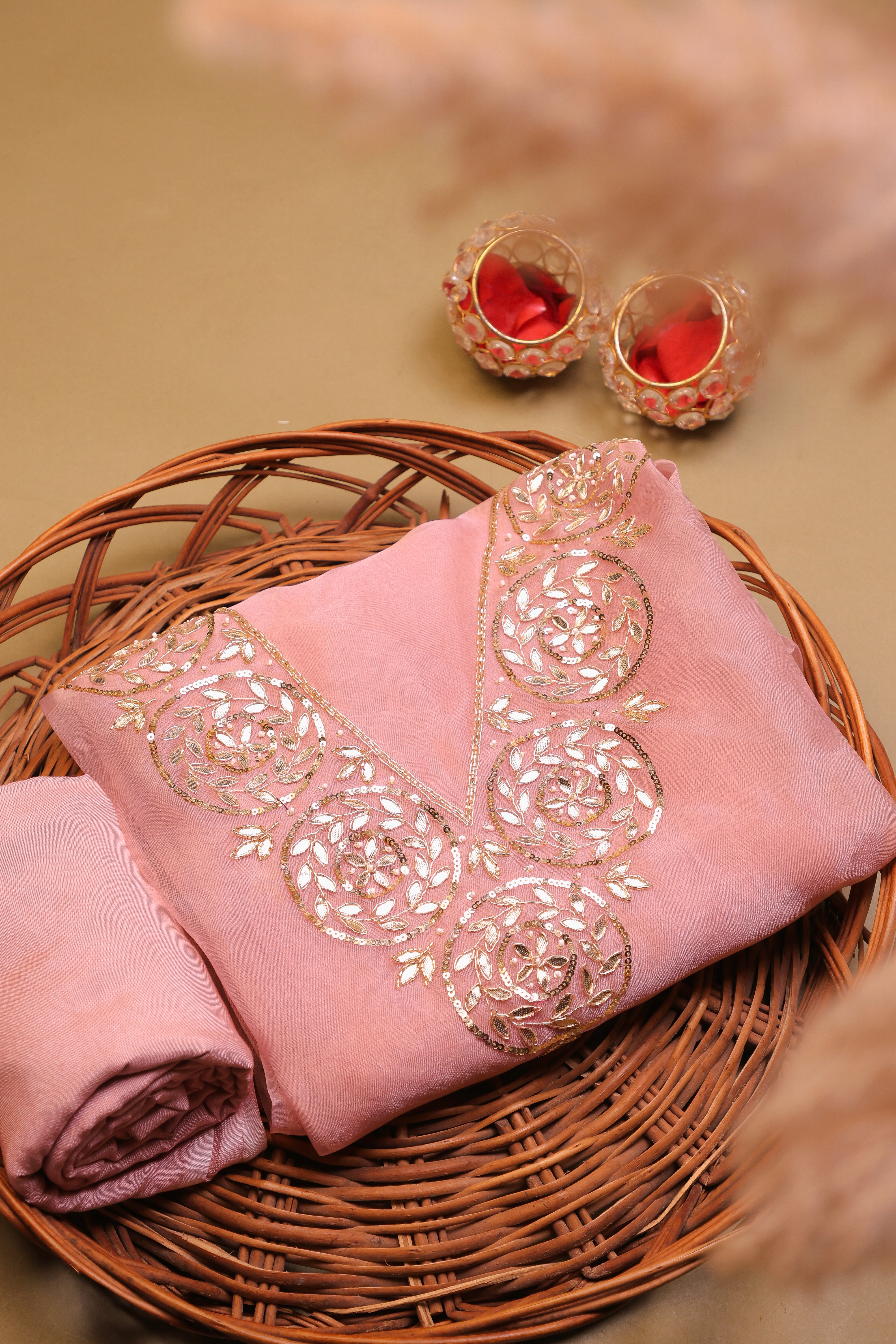 Onion Pink Unstitch Suit with Handcrafted Heavy Gota Patti Work and Lace Dupatta