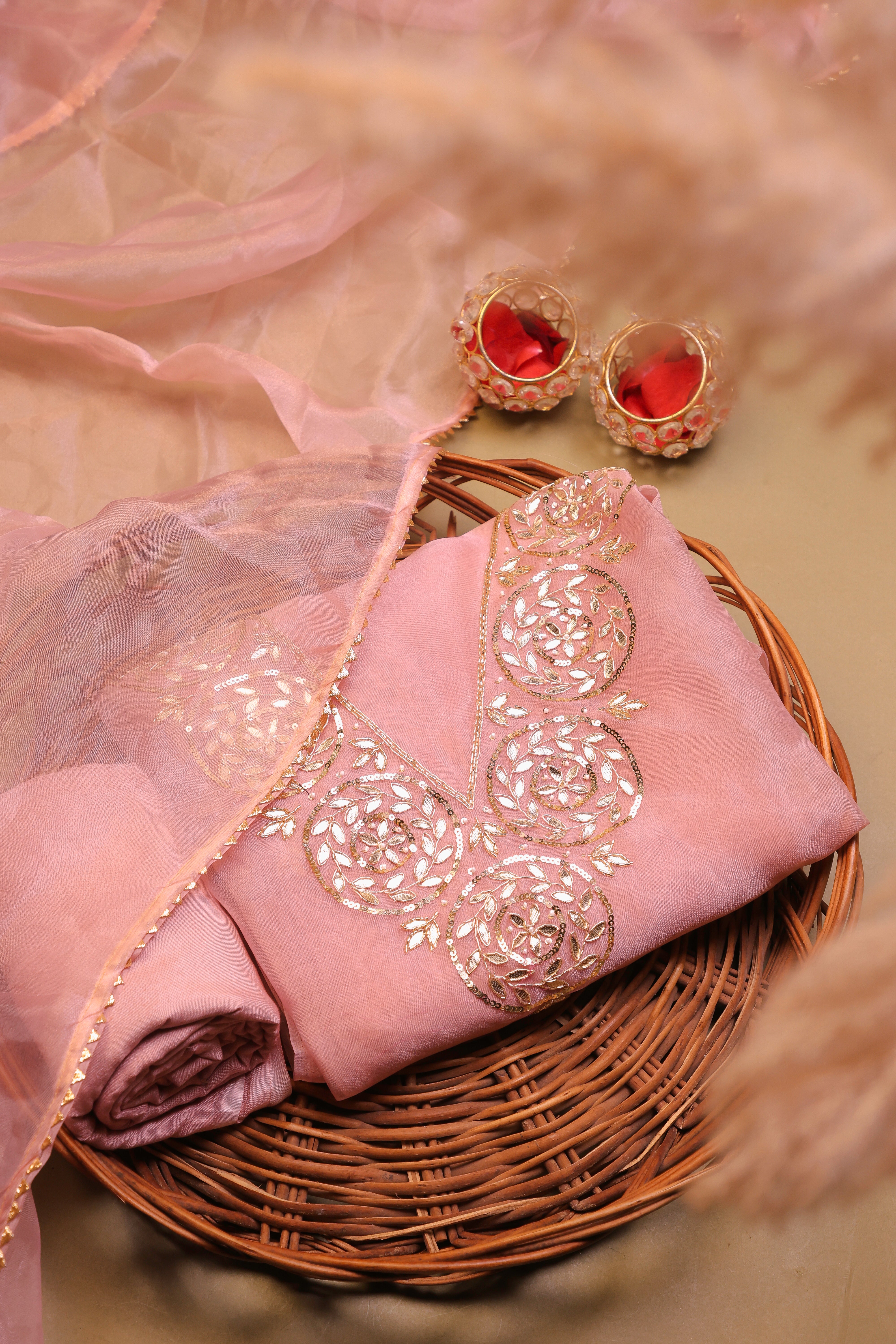 Onion Pink Unstitch Suit with Handcrafted Heavy Gota Patti Work and Lace Dupatta