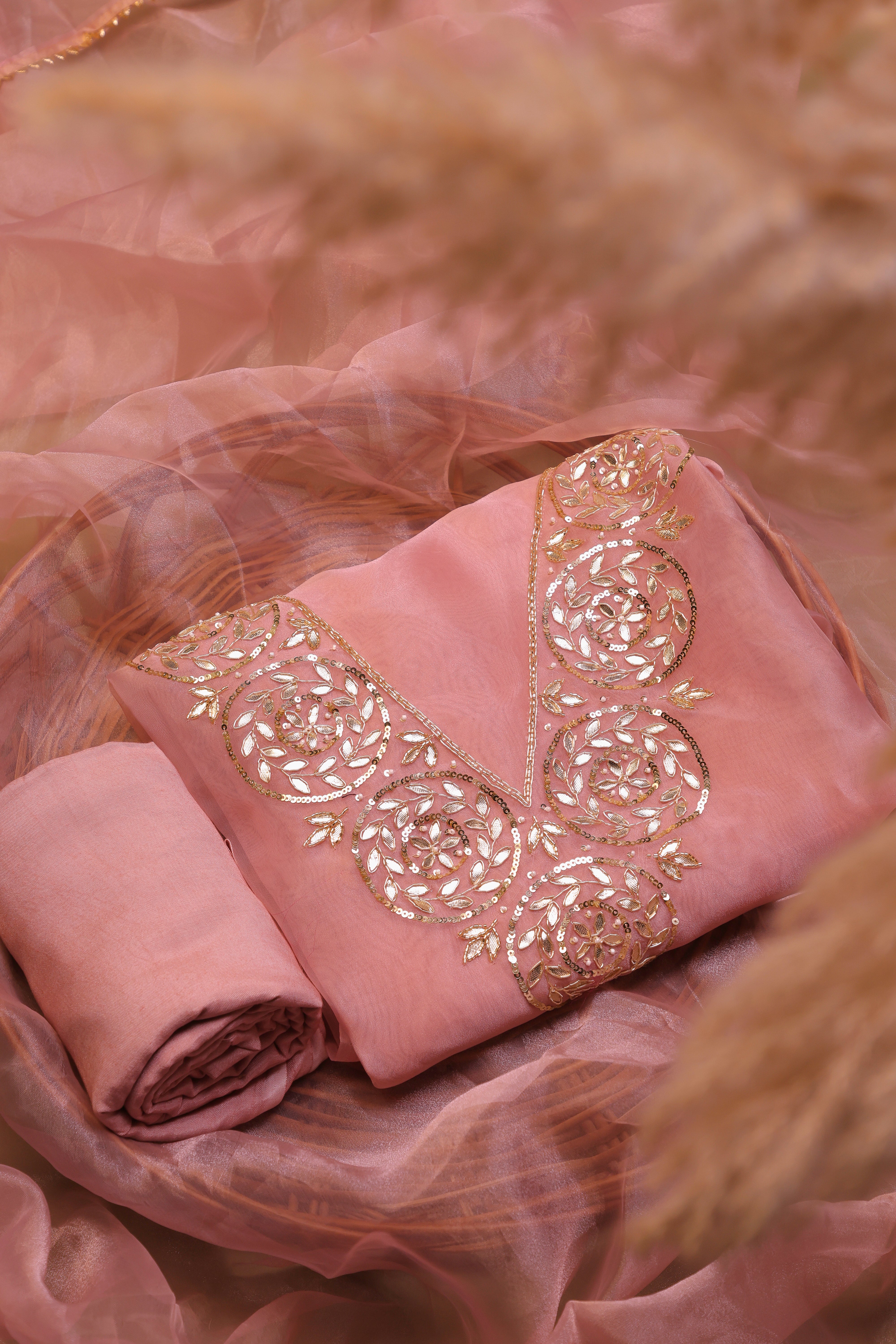 Onion Pink Unstitch Suit with Handcrafted Heavy Gota Patti Work and Lace Dupatta