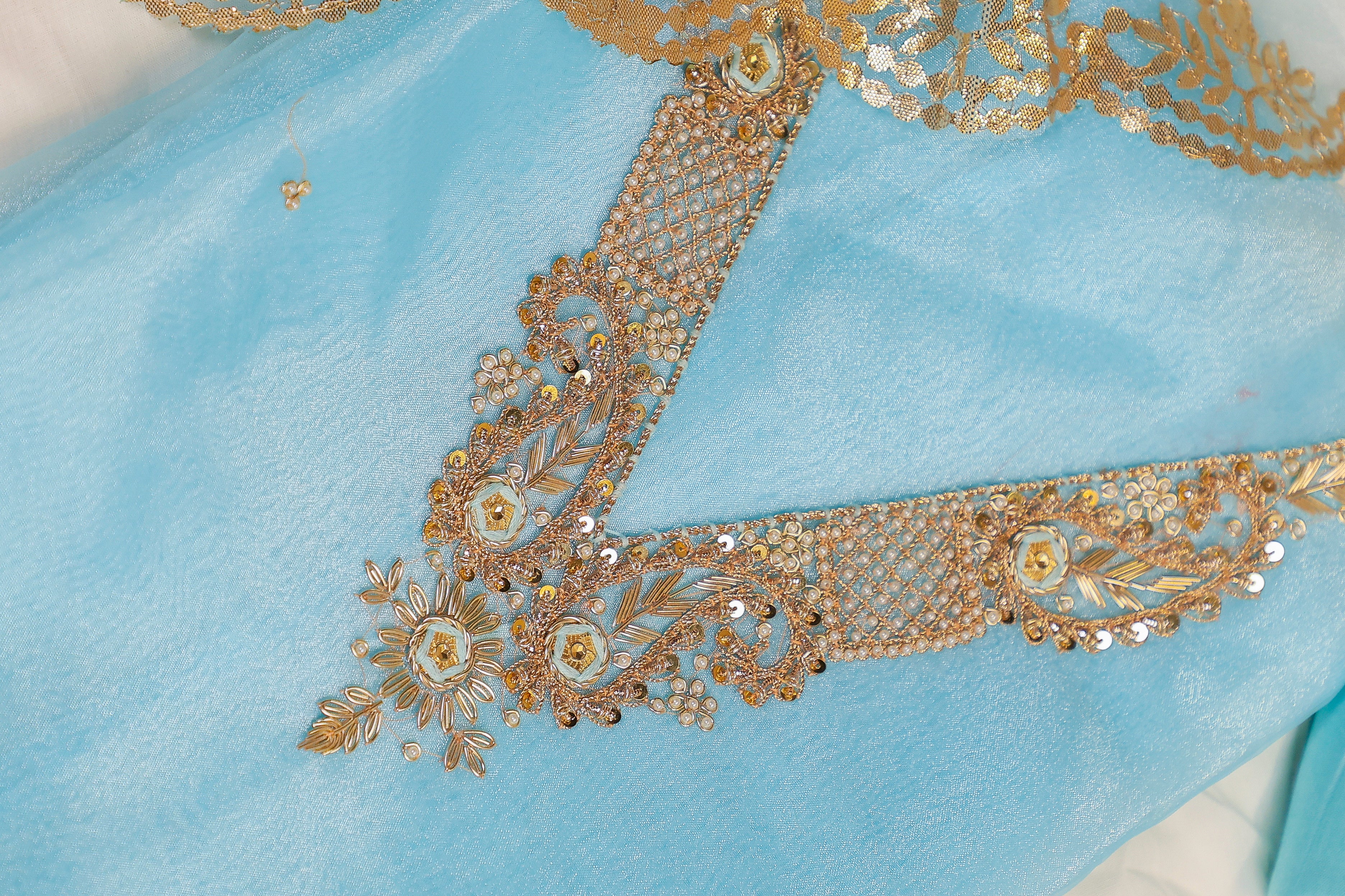 Sky Blue Unstitch Suit with V-Neck Handcrafted Zardozi, Thread Work and Patra Gota Patti Dupatta