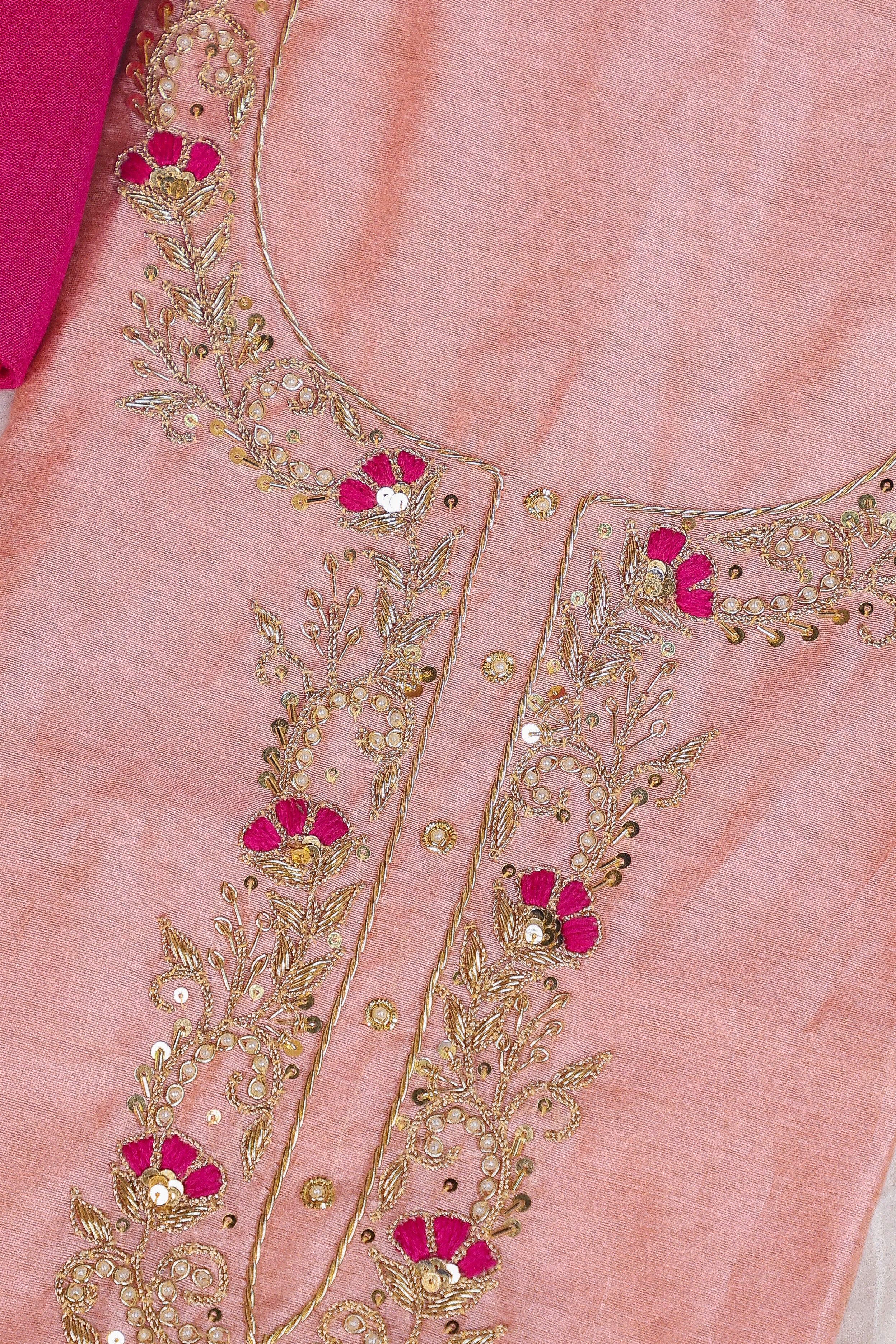 Light Pink Unstitch Suit with Handcrafted Zardozi, Rani Thread Work and Lahariya Dupatta