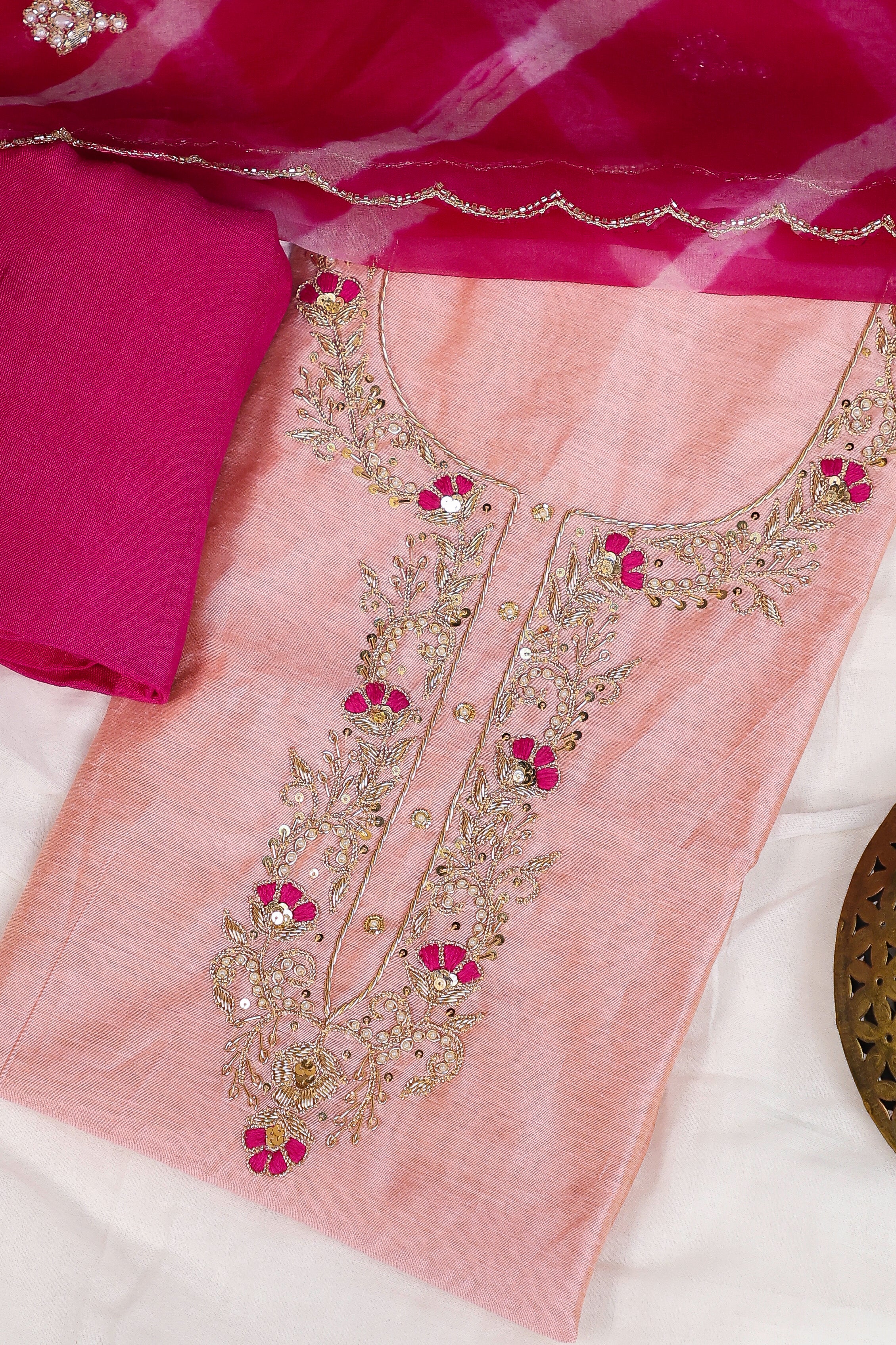 Light Pink Unstitch Suit with Handcrafted Zardozi, Rani Thread Work and Lahariya Dupatta