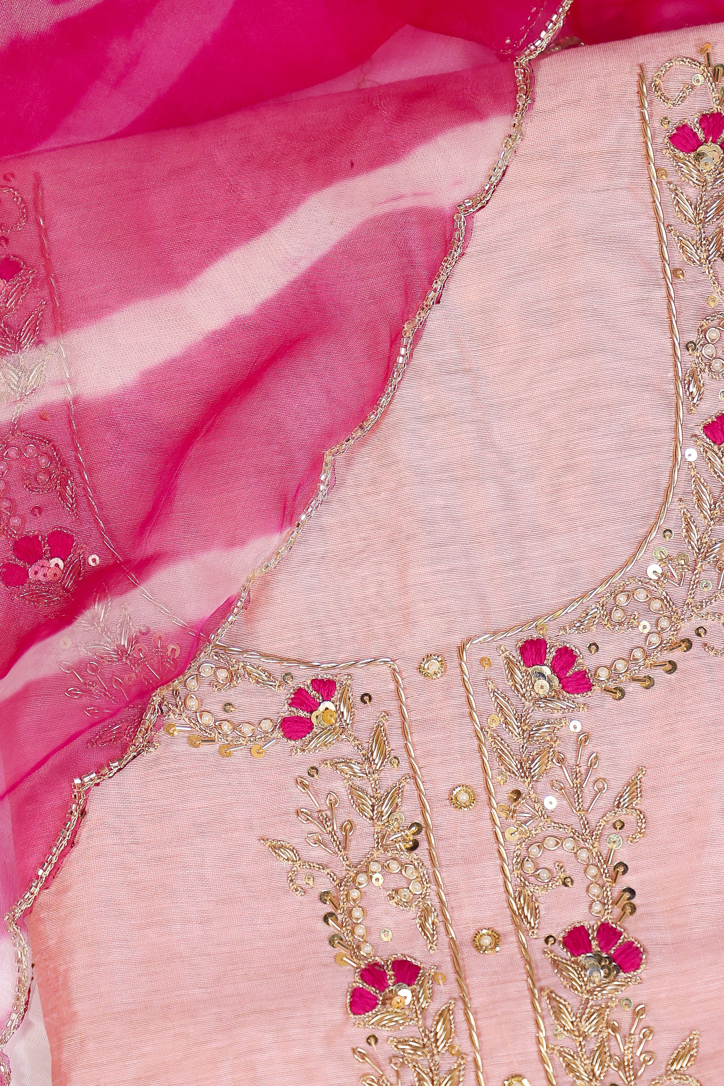Light Pink Unstitch Suit with Handcrafted Zardozi, Rani Thread Work and Lahariya Dupatta