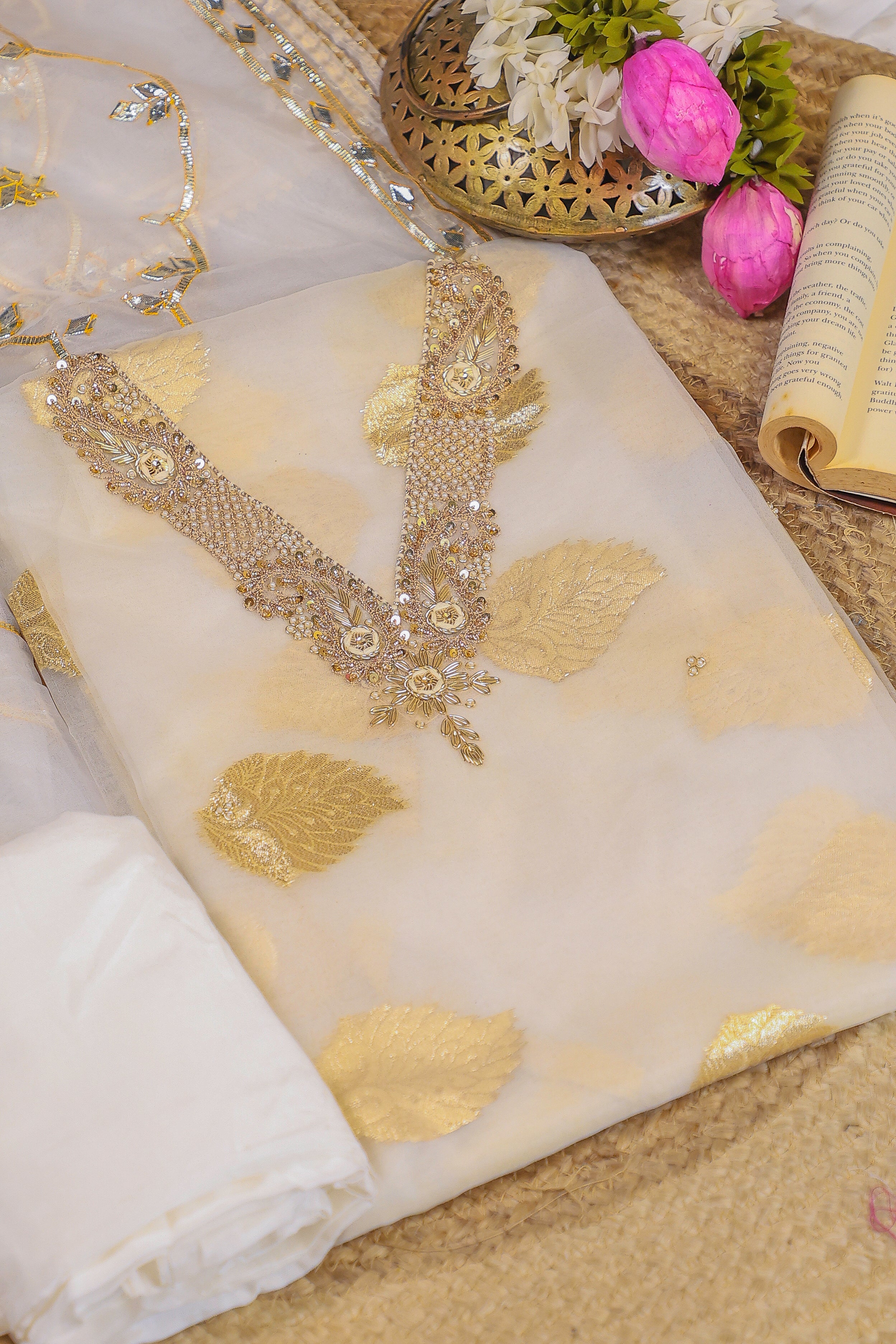 Off White Unstitch Suit with V-Neck Handcrafted Zardozi and Heavy Gota Patti Work