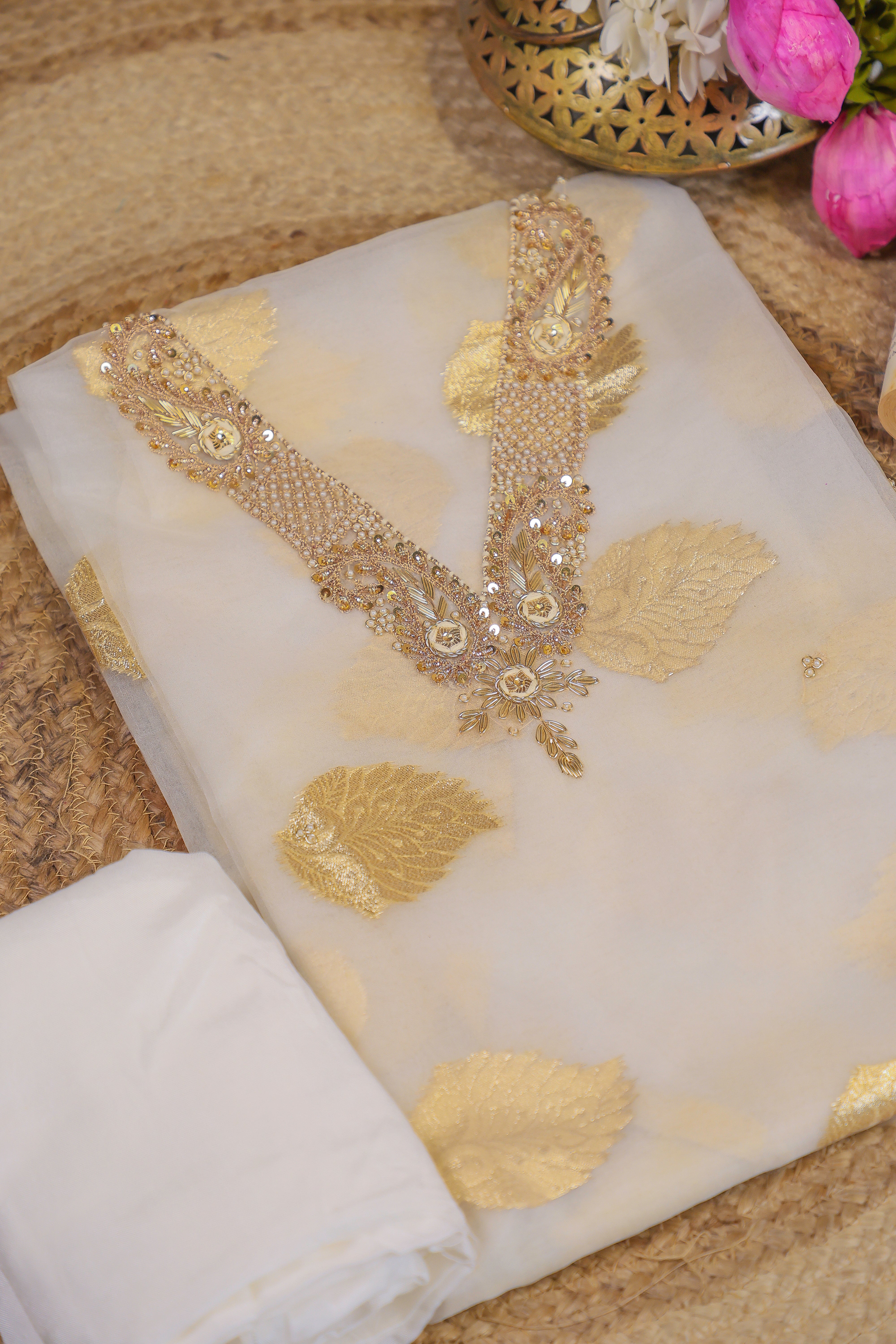 Off White Unstitch Suit with V-Neck Handcrafted Zardozi and Heavy Gota Patti Work