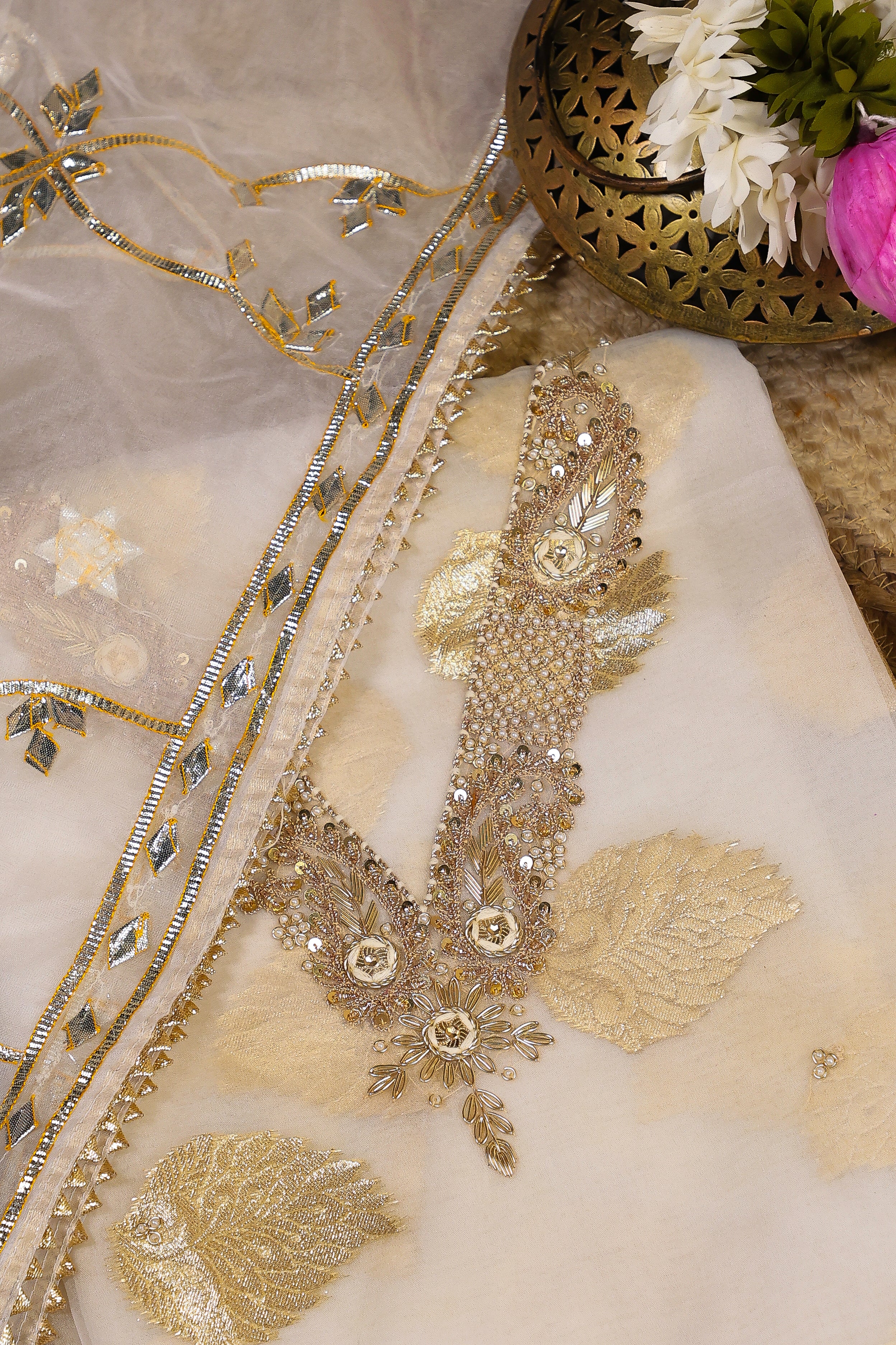 Off White Unstitch Suit with V-Neck Handcrafted Zardozi and Heavy Gota Patti Work