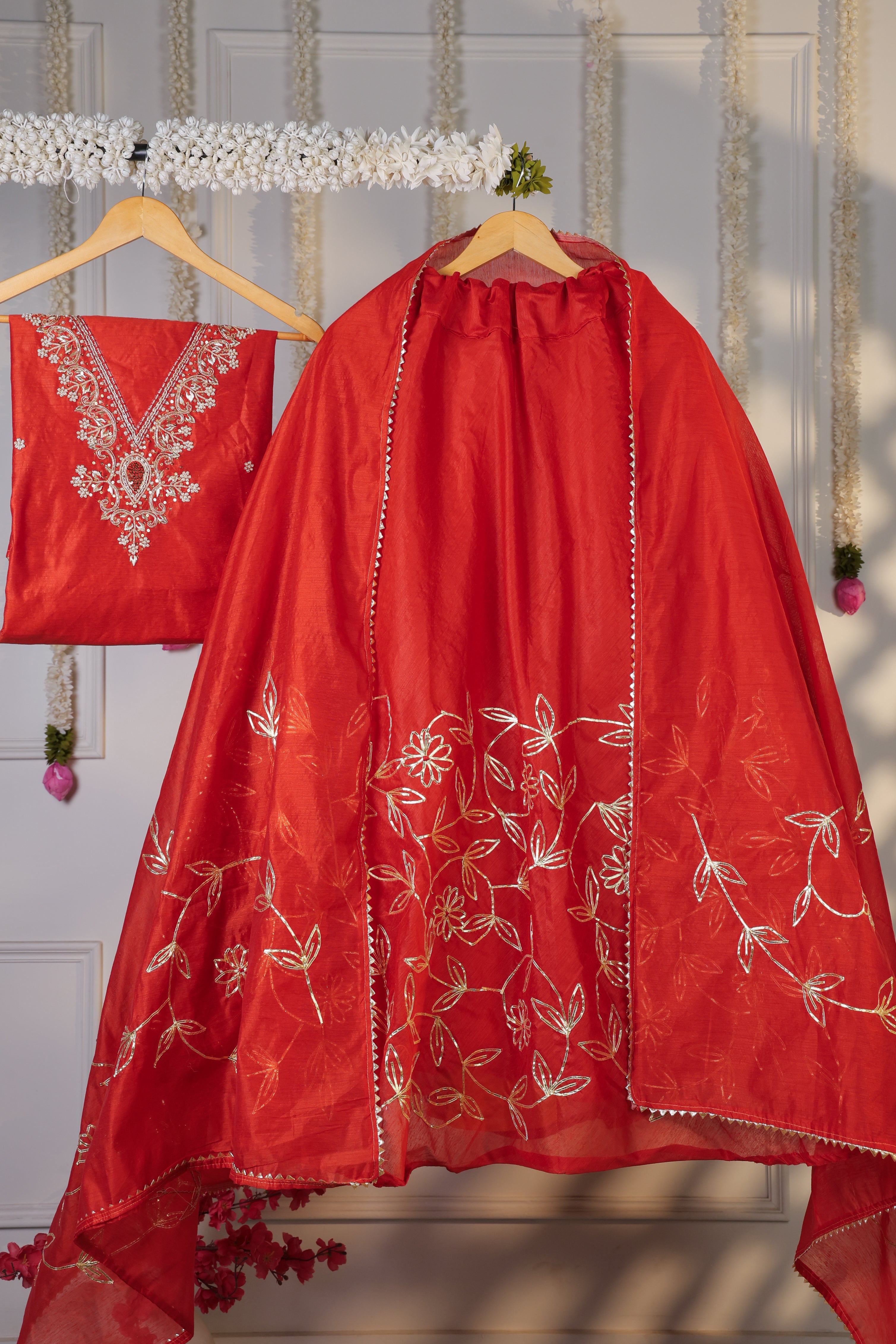 Heritage Saffron Red Semi-Stitched Lehenga Set