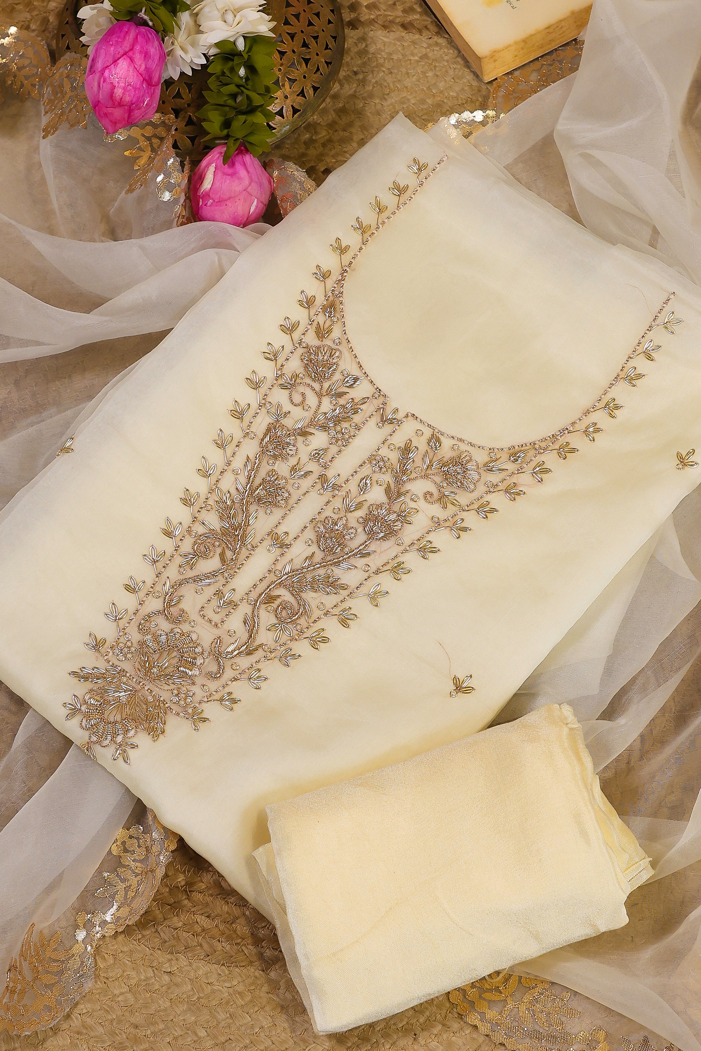 Off White Unstitch Suit with Handcrafted Heavy Zardozi and Patra Gota Patti Work