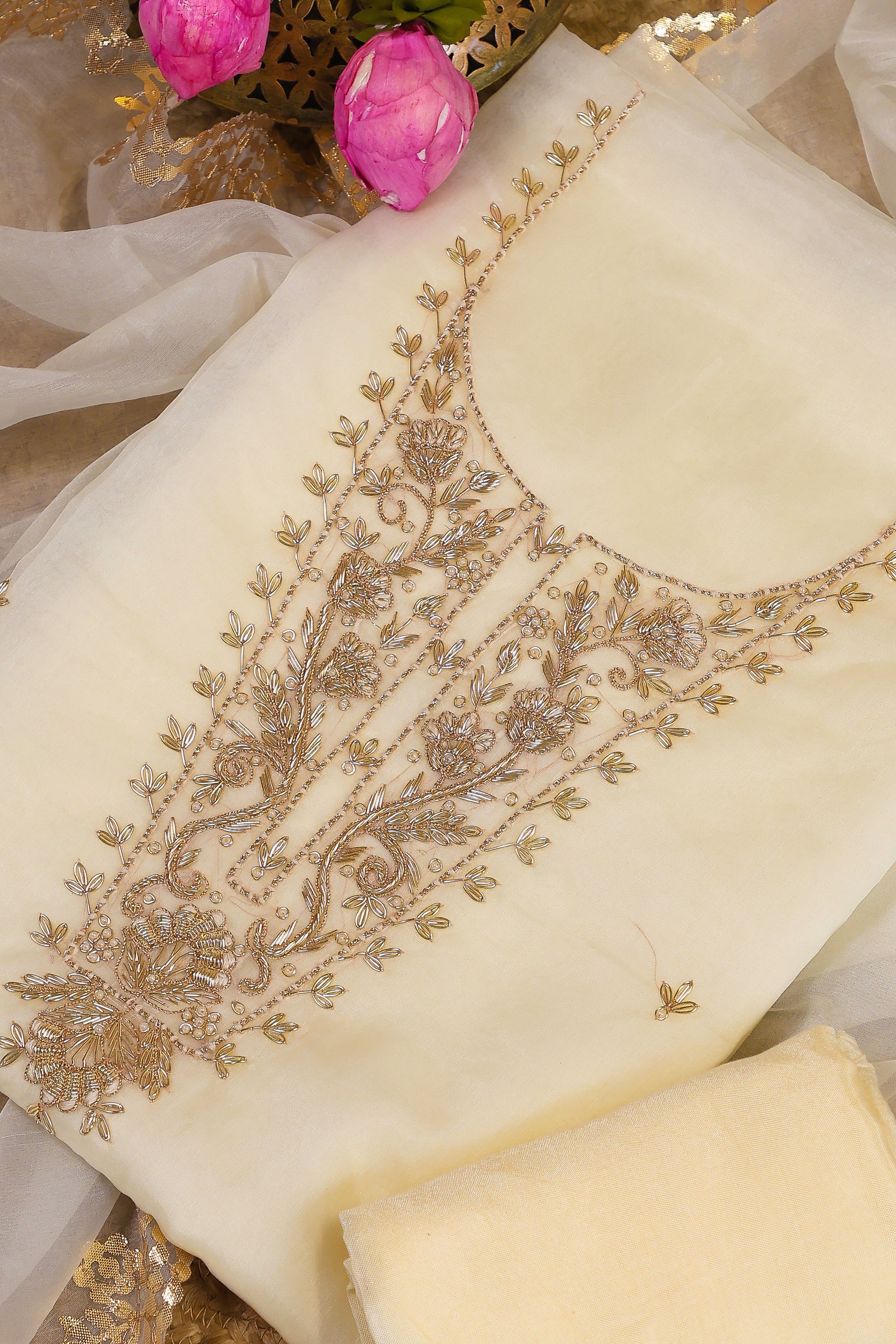 Off White Unstitch Suit with Handcrafted Heavy Zardozi and Patra Gota Patti Work