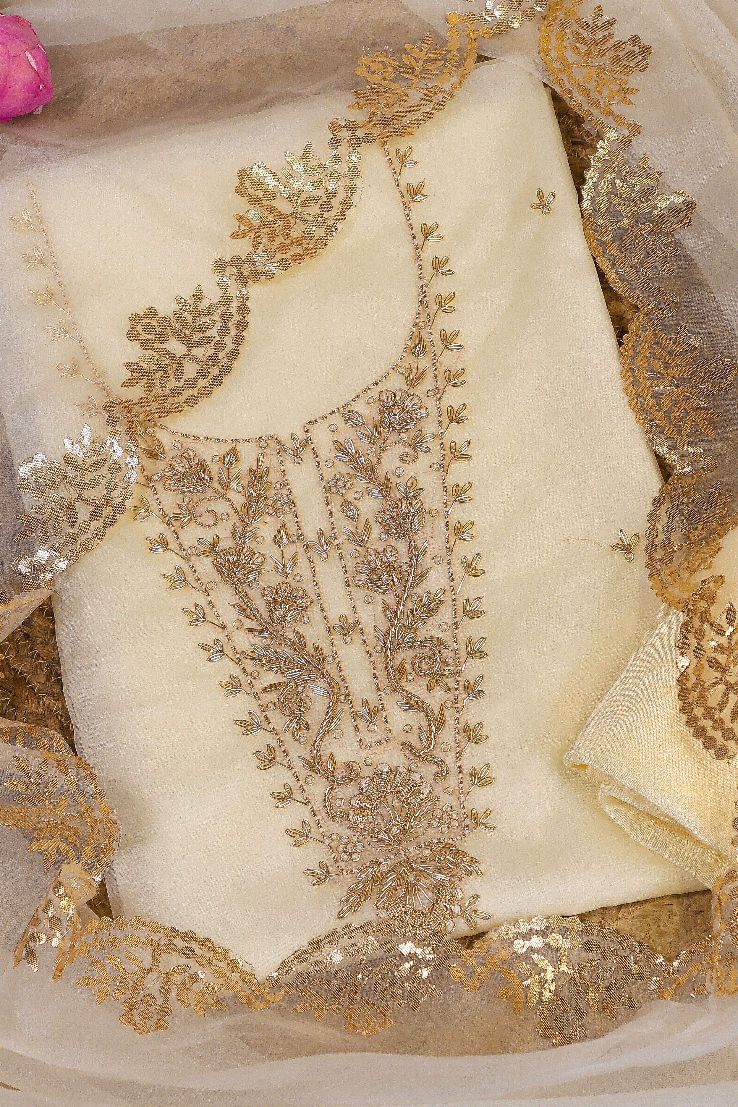 Off White Unstitch Suit with Handcrafted Heavy Zardozi and Patra Gota Patti Work