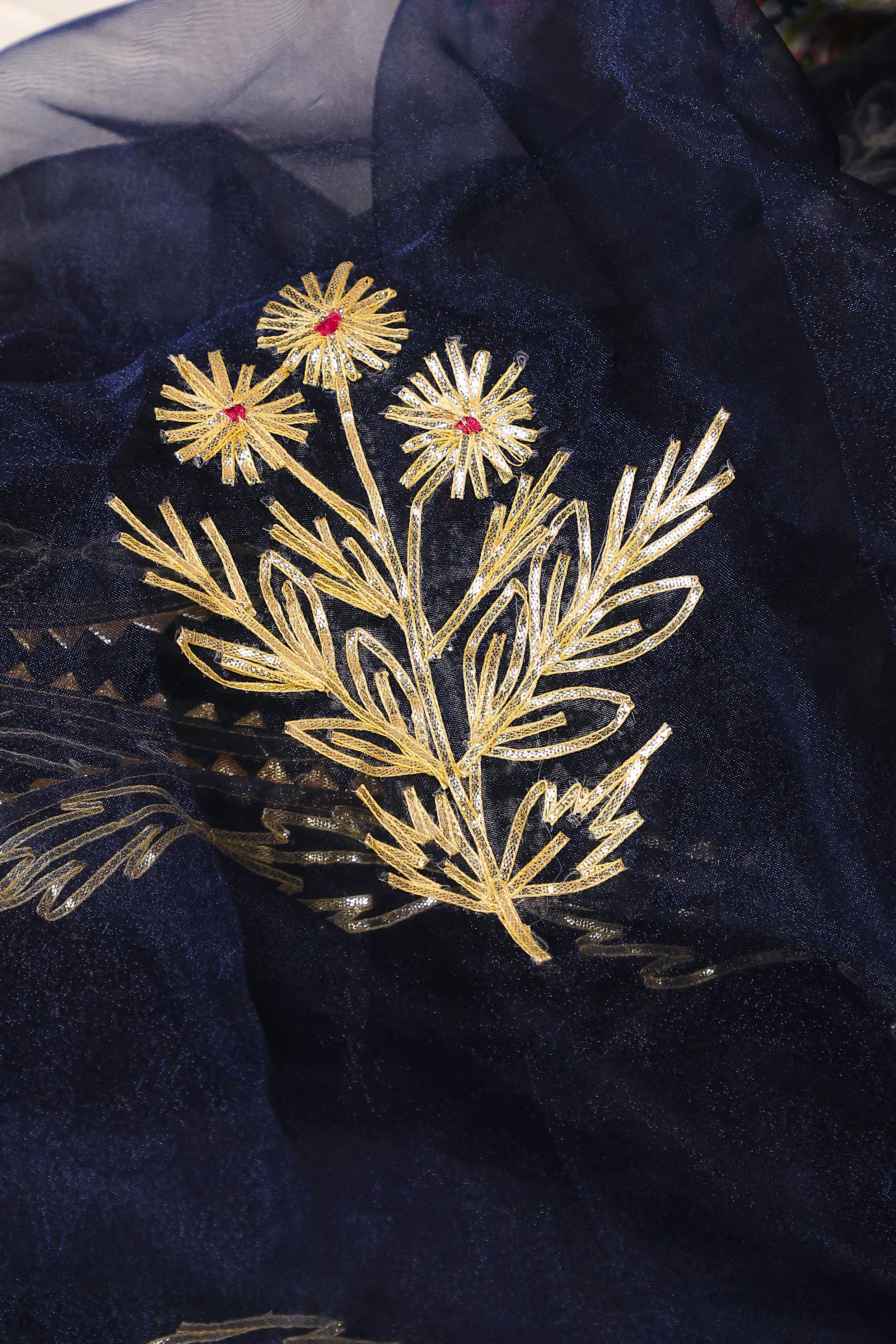 Navy Blue Unstitch Suit with Handcrafted Zardozi, Pearl, and Heavy Gota Patti Work