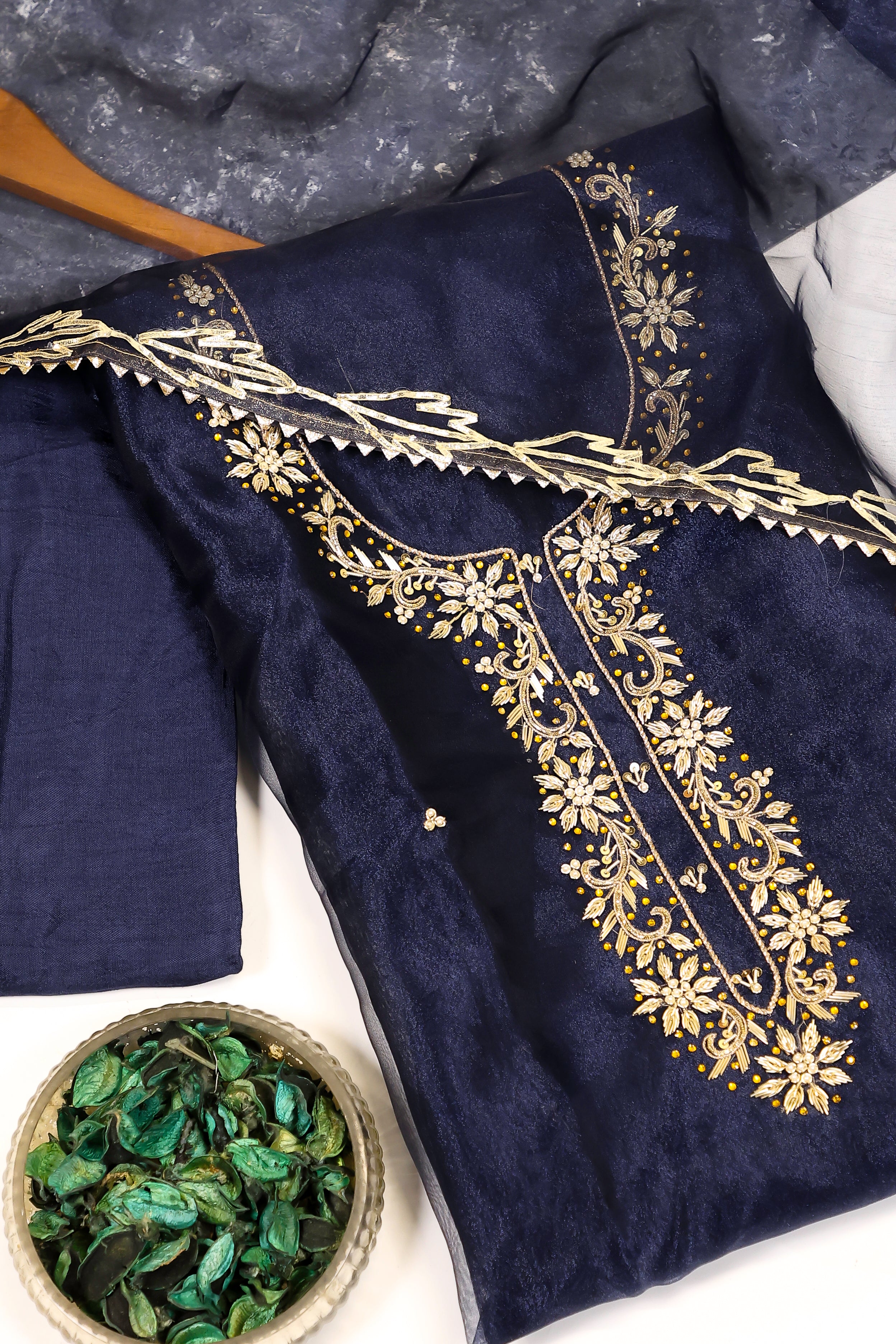 Navy Blue Unstitch Suit with Handcrafted Zardozi, Pearl, and Heavy Gota Patti Work