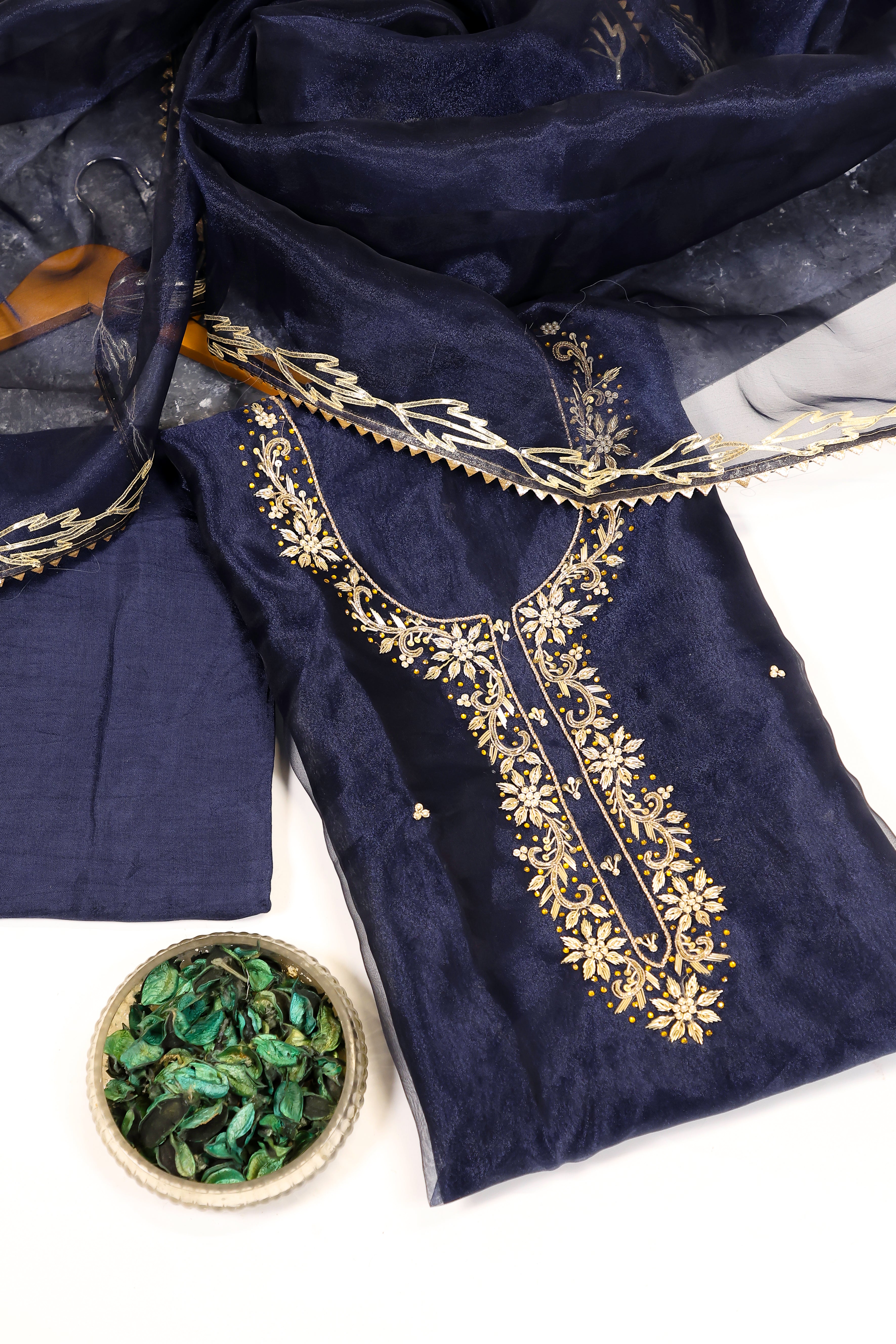 Navy Blue Unstitch Suit with Handcrafted Zardozi, Pearl, and Heavy Gota Patti Work
