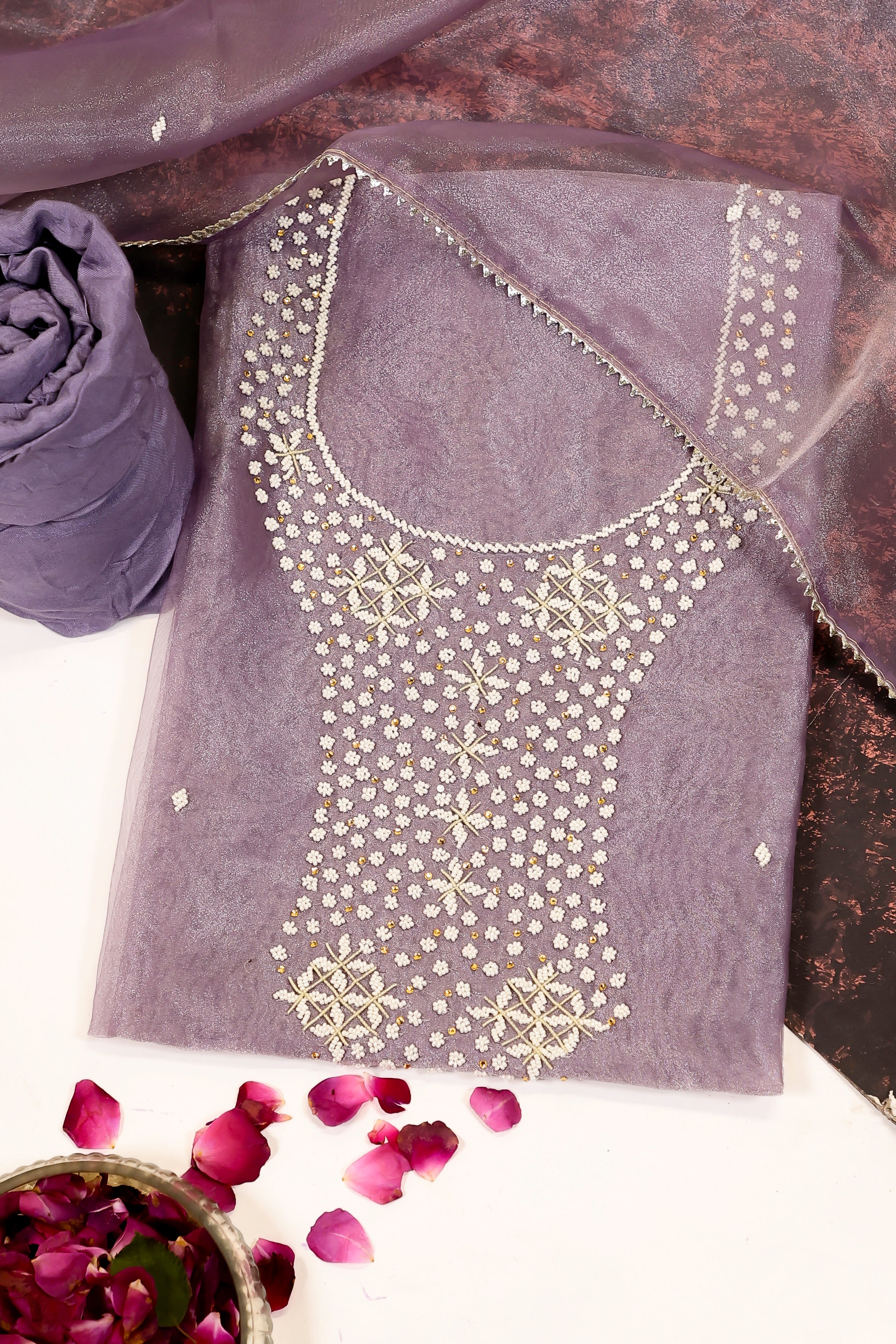 Lavender Unstitch Suit with Heavy Zardozi and Gota Patti Work