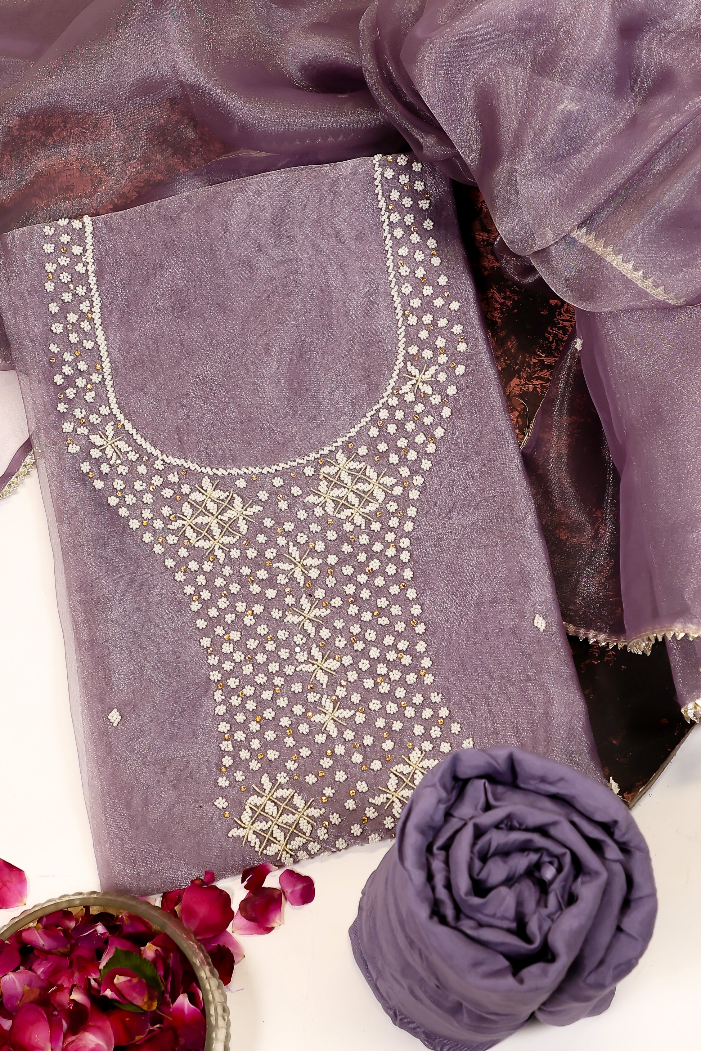 Lavender Unstitch Suit with Heavy Zardozi and Gota Patti Work