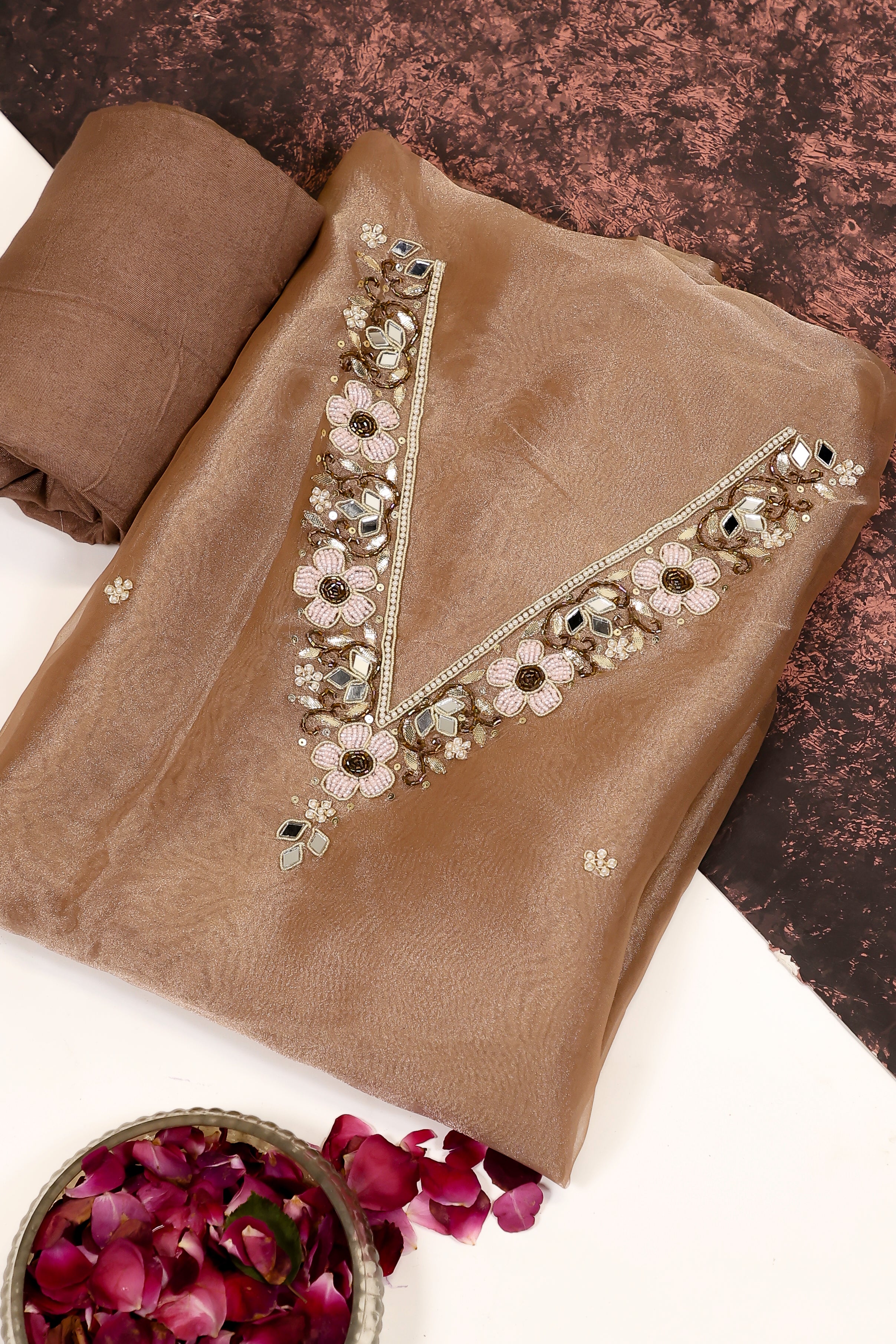 Chikoo Brown Unstitch Suit with V-Neck Heavy Pearl and Mirror Work