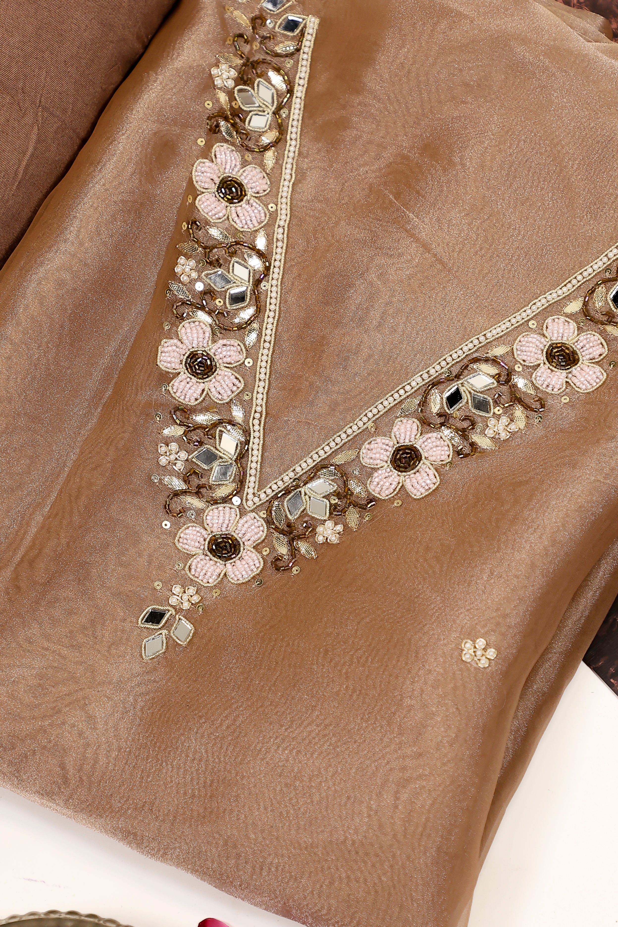 Chikoo Brown Unstitch Suit with V-Neck Heavy Pearl and Mirror Work