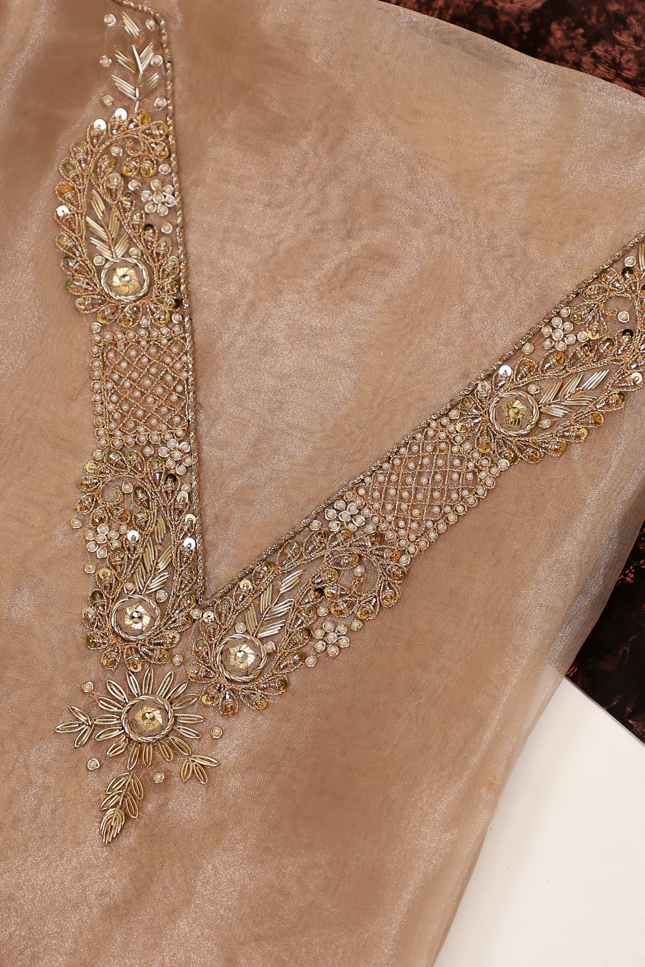 Chikoo Brown Unstitch Suit with V-Neck Handcrafted Zardozi and Pearl Work