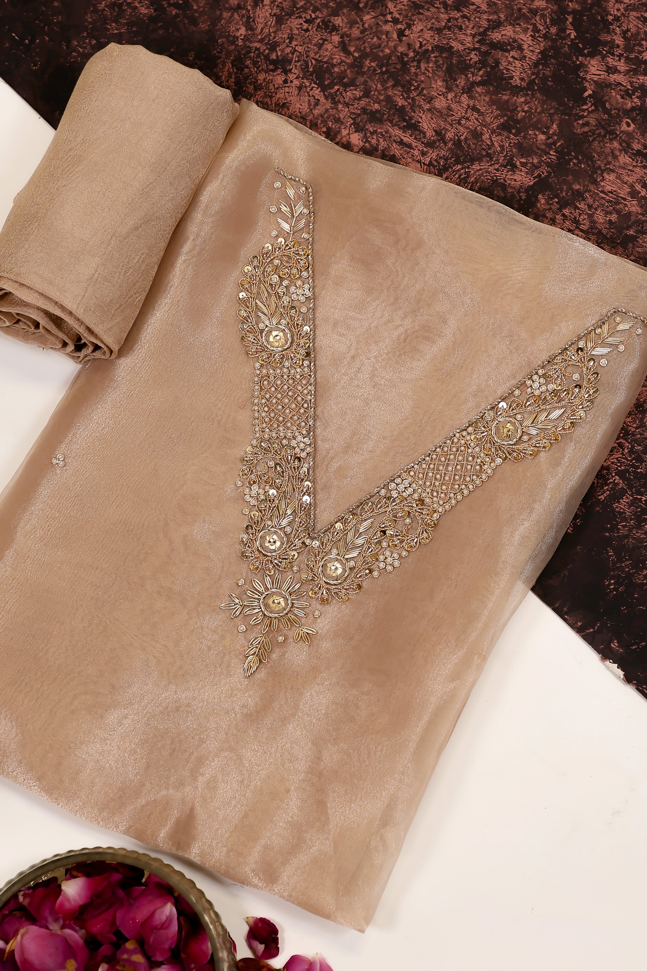 Chikoo Brown Unstitch Suit with V-Neck Handcrafted Zardozi and Pearl Work