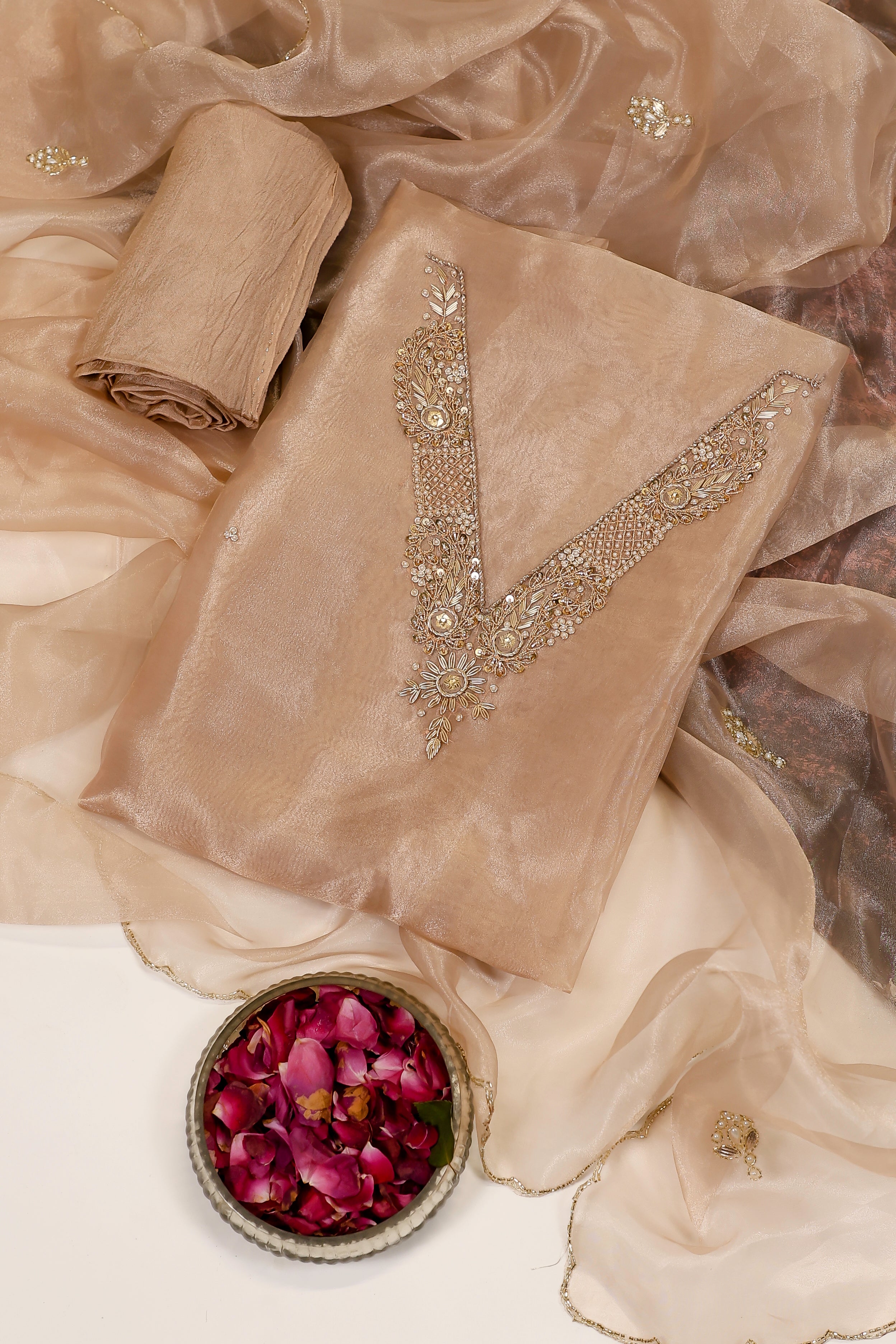 Chikoo Brown Unstitch Suit with V-Neck Handcrafted Zardozi and Pearl Work