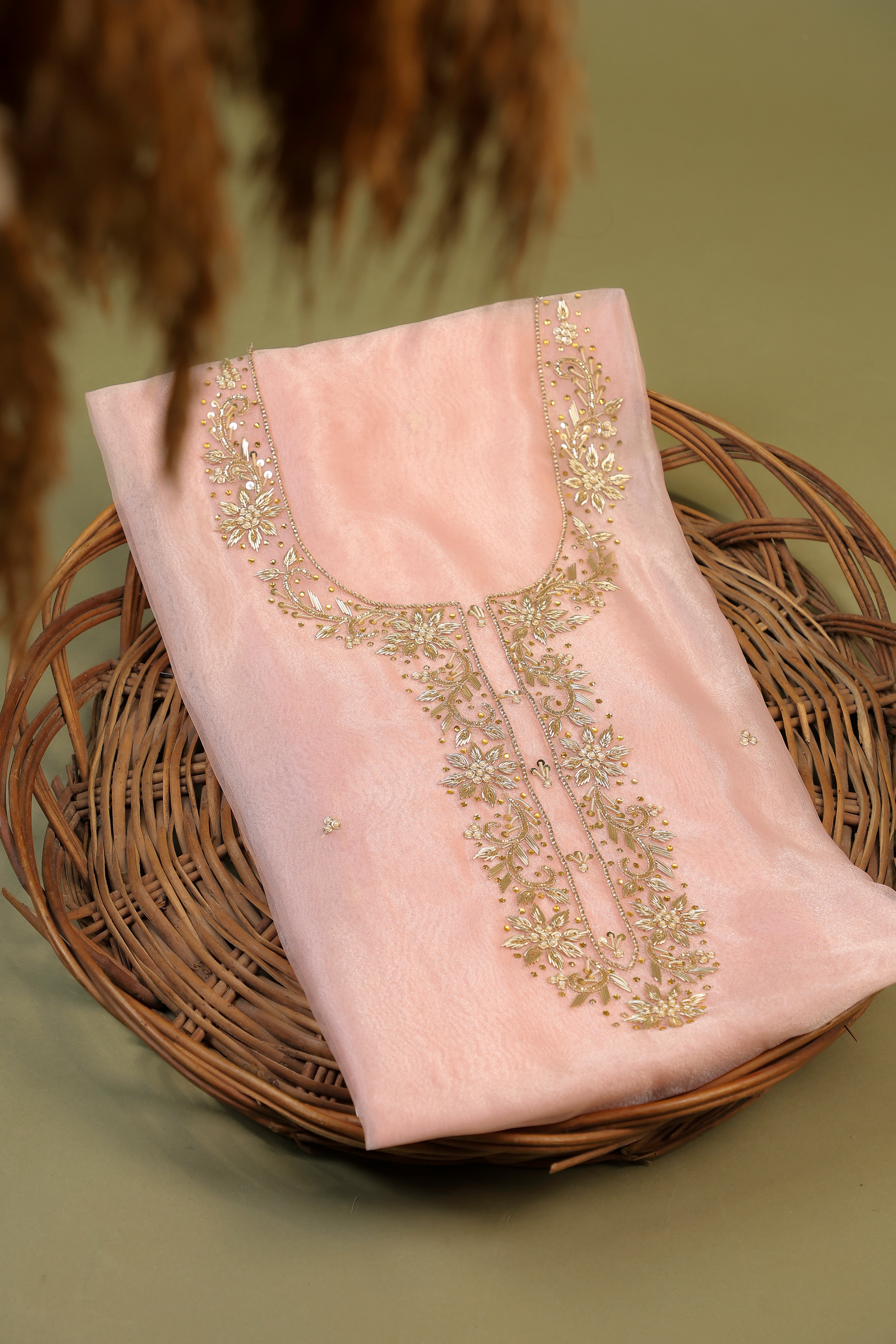 Onion Pink Unstitch Suit with Handcrafted Zardozi, Pearl, and Gota Patti Work