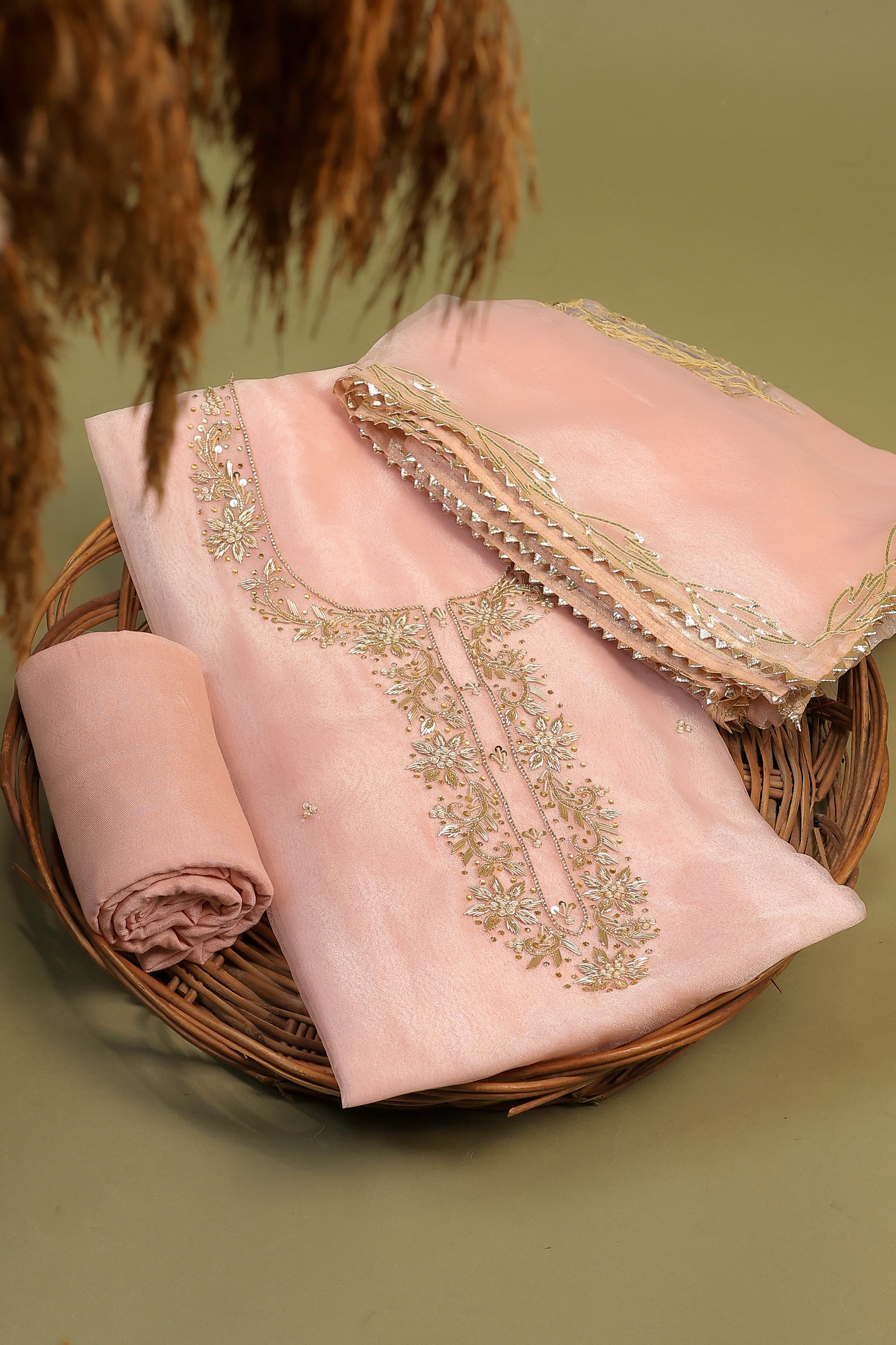 Onion Pink Unstitch Suit with Handcrafted Zardozi, Pearl, and Gota Patti Work
