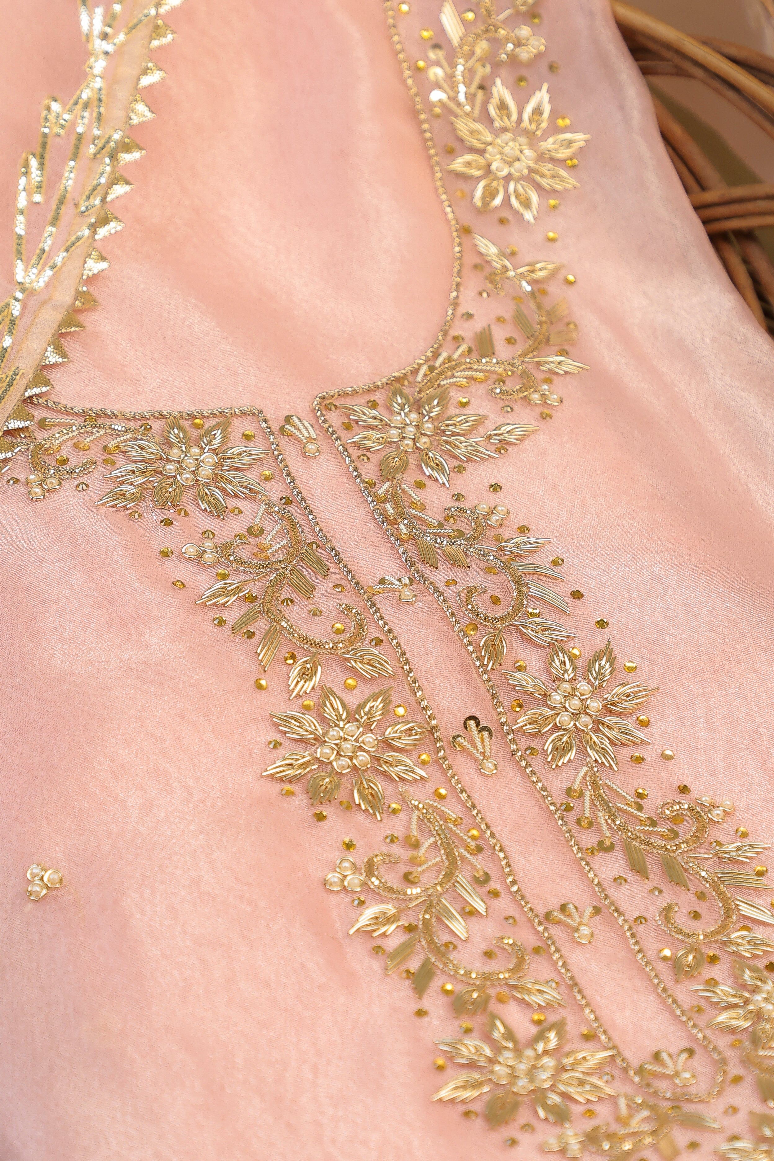 Onion Pink Unstitch Suit with Handcrafted Zardozi, Pearl, and Gota Patti Work