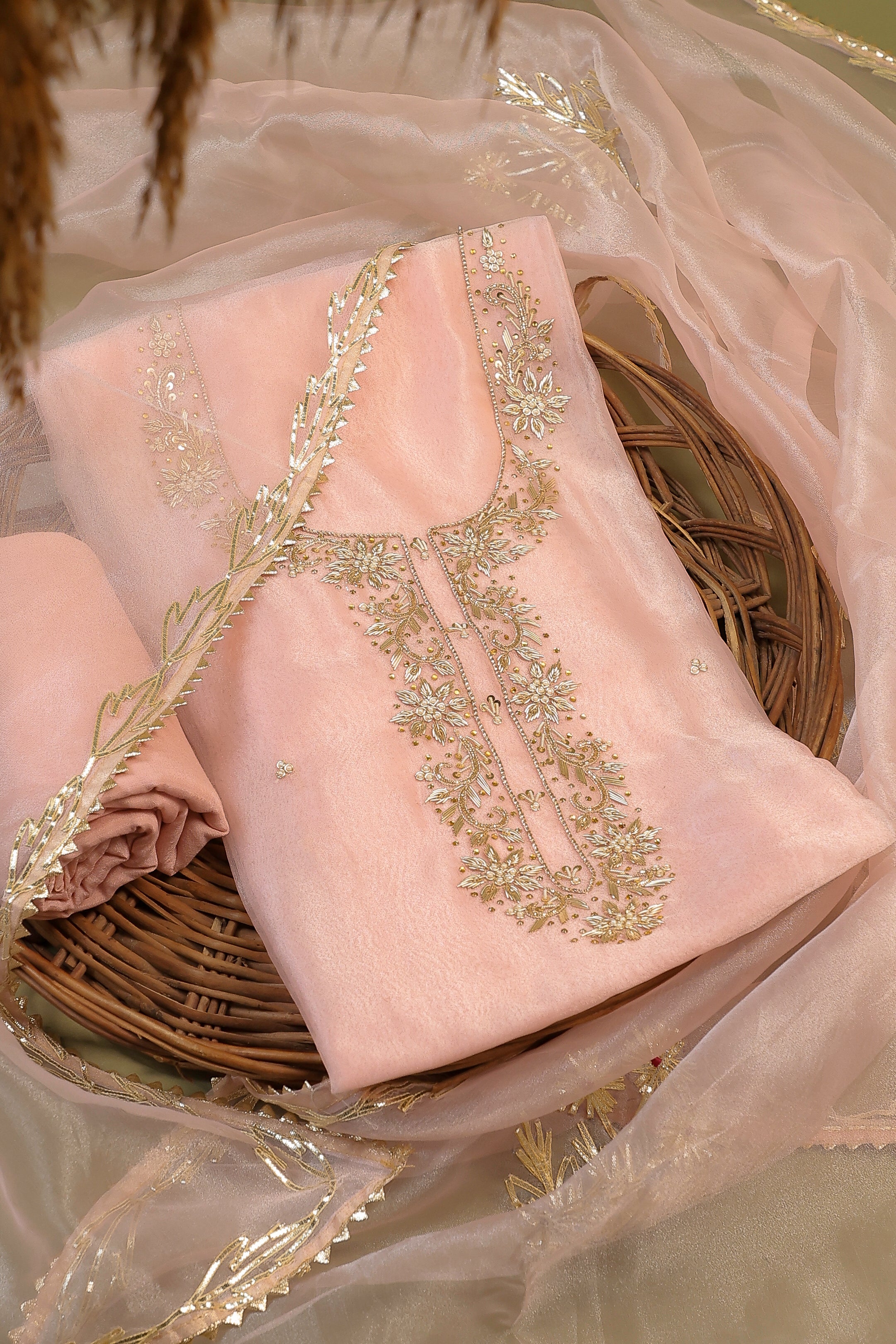 Onion Pink Unstitch Suit with Handcrafted Zardozi, Pearl, and Gota Patti Work