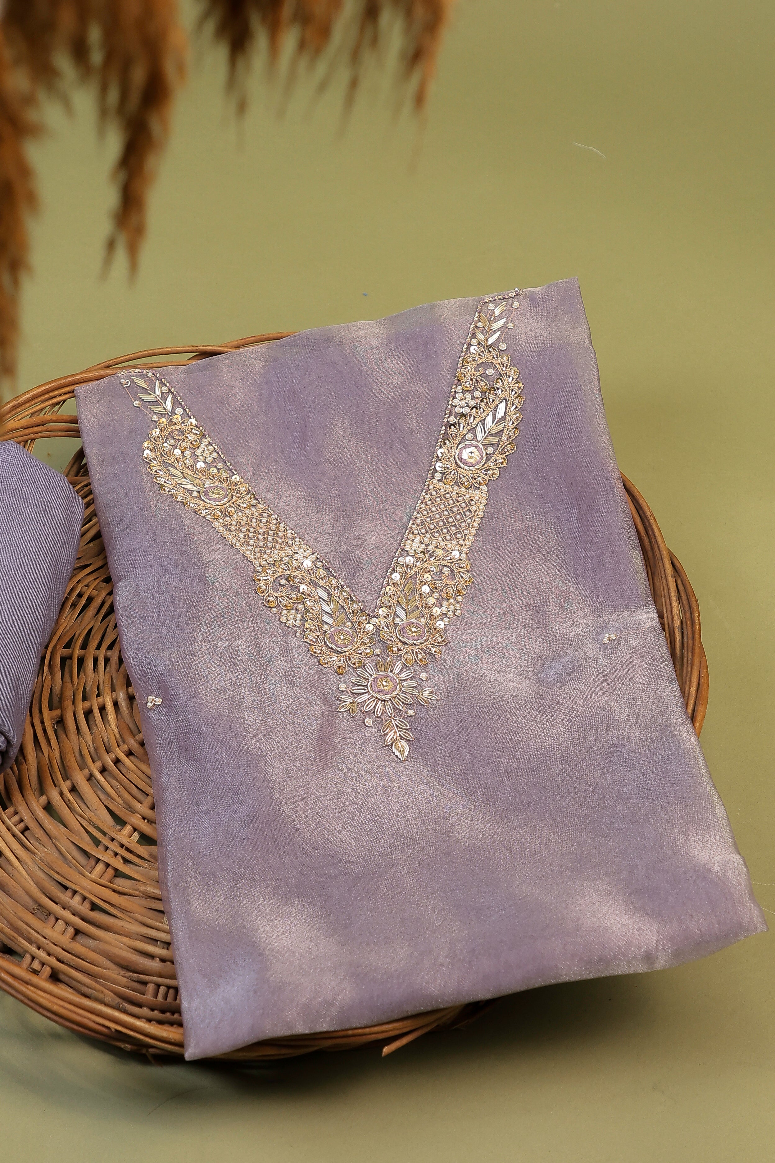 Lavender Unstitch Suit with V-Neck Handcrafted Zardozi and Patra Gota Patti Work