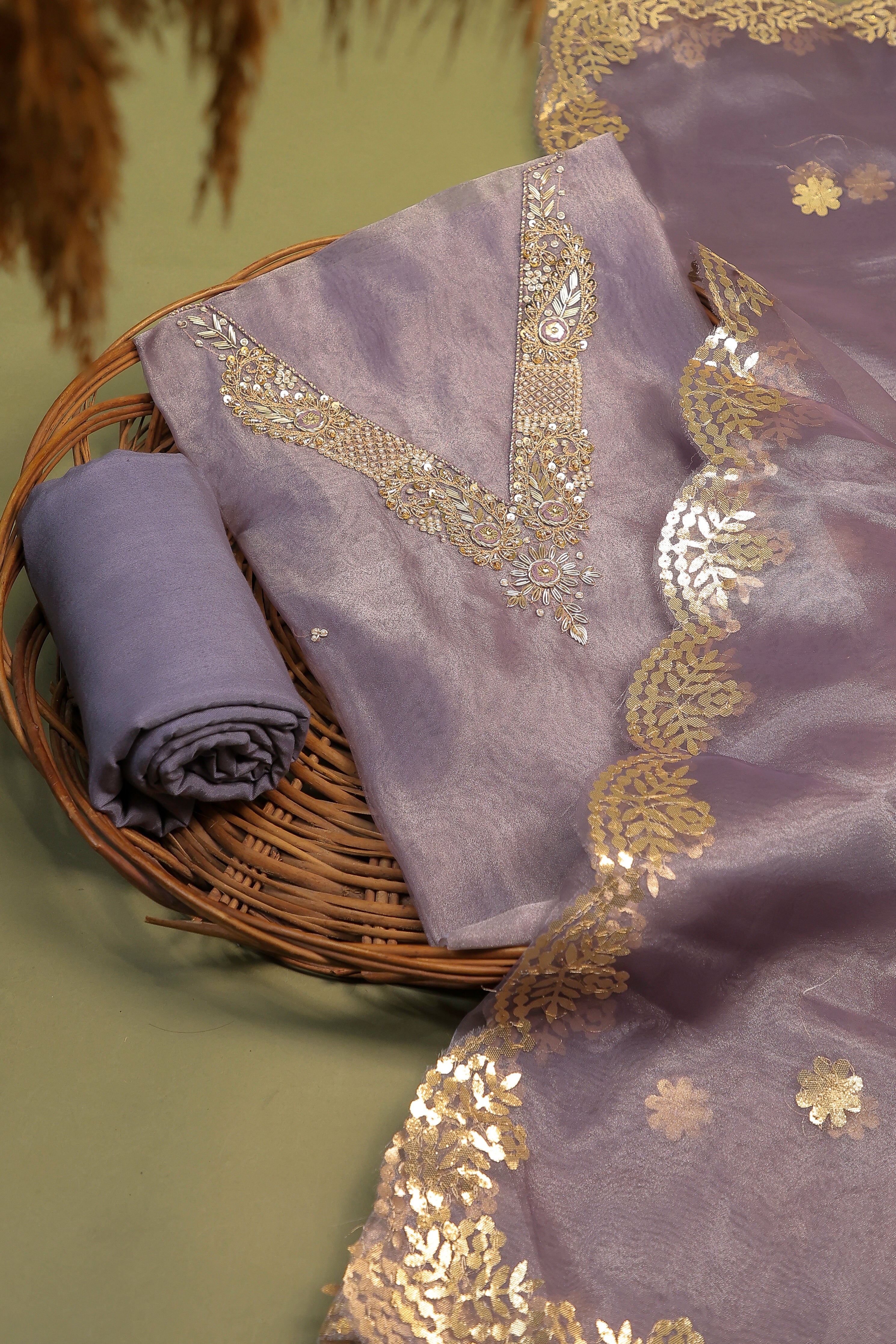 Lavender Unstitch Suit with V-Neck Handcrafted Zardozi and Patra Gota Patti Work
