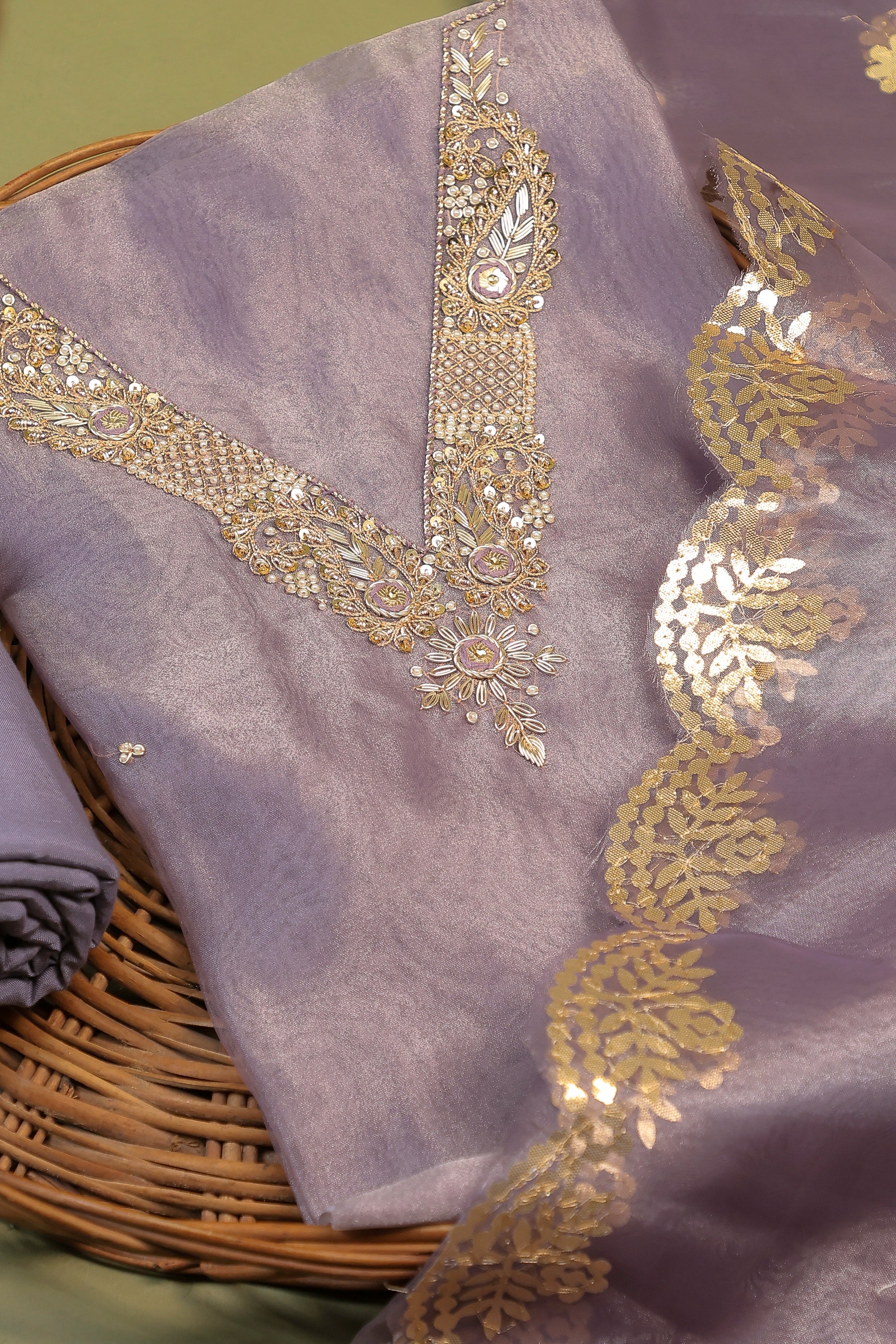 Lavender Unstitch Suit with V-Neck Handcrafted Zardozi and Patra Gota Patti Work