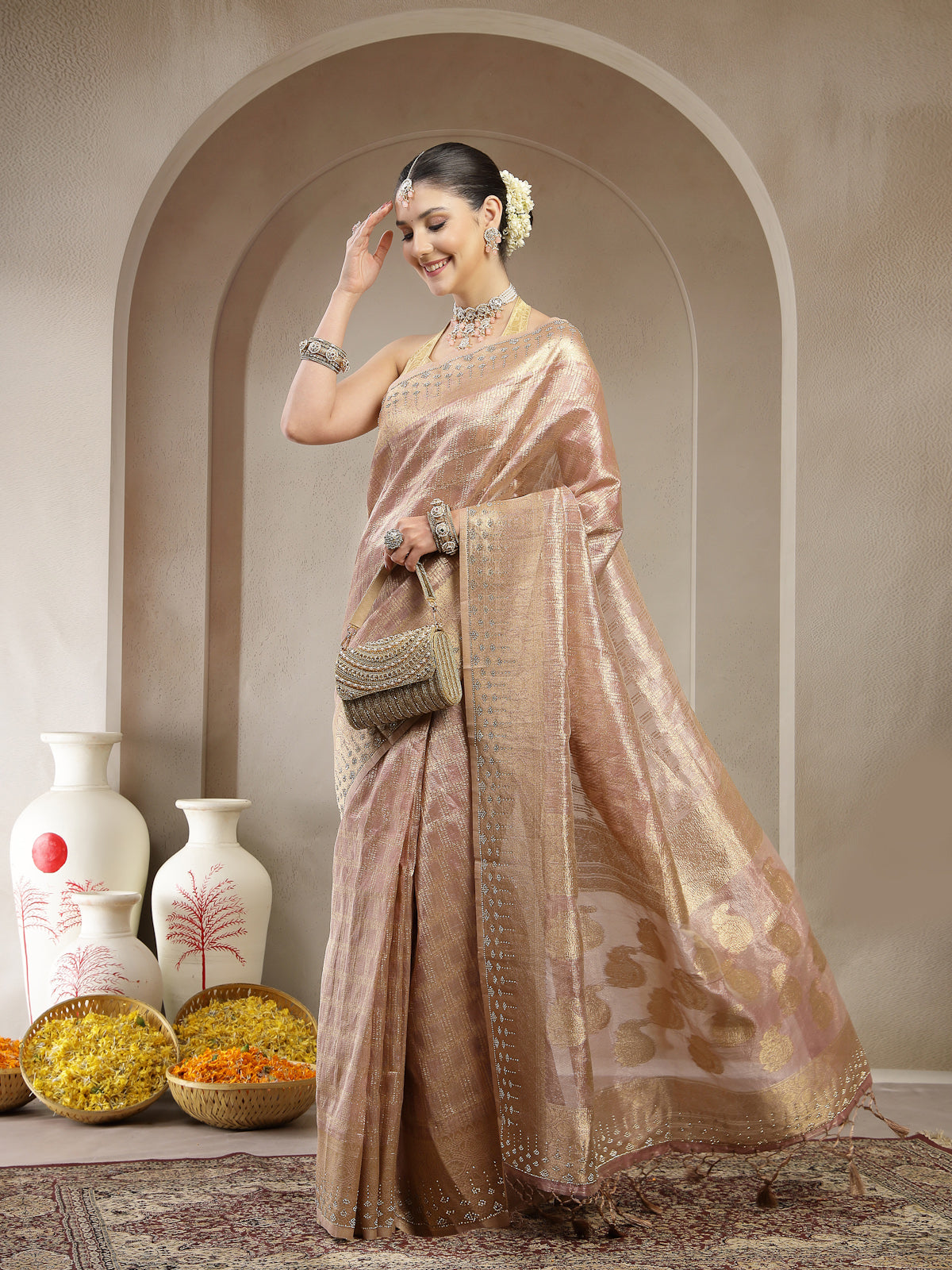Champagne Gold Organza Silk Saree