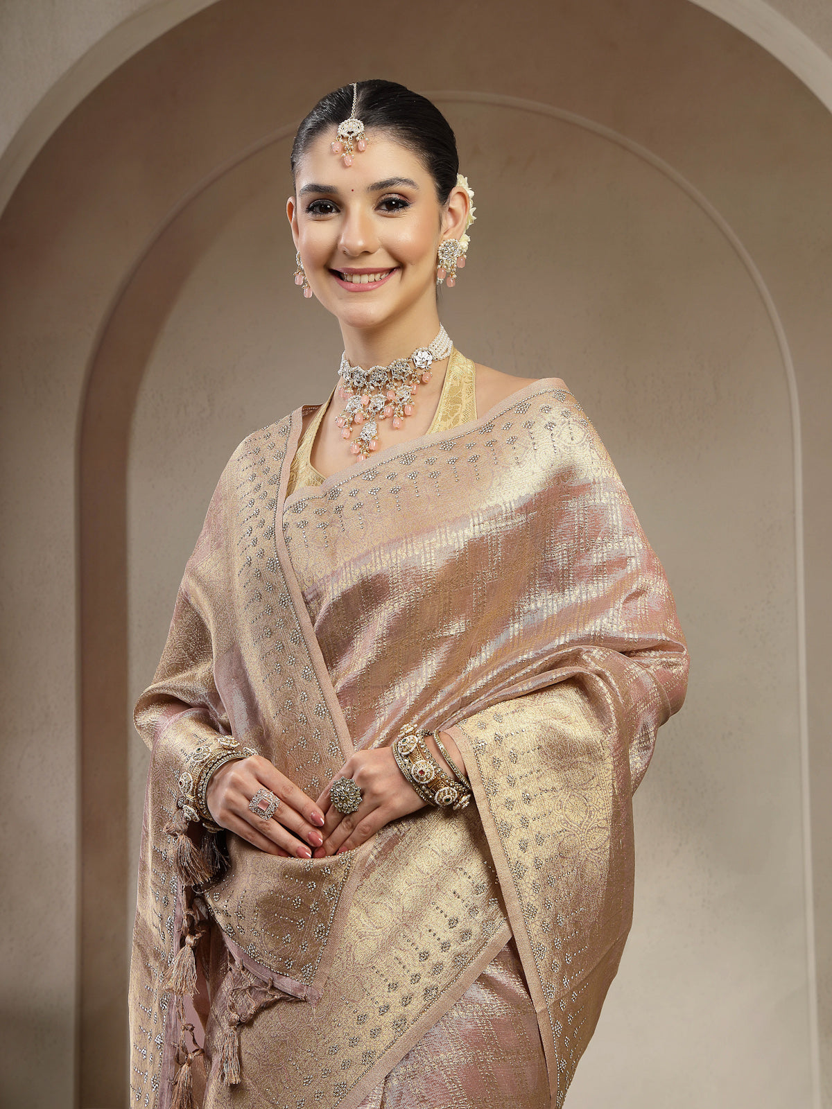 Champagne Gold Organza Silk Saree