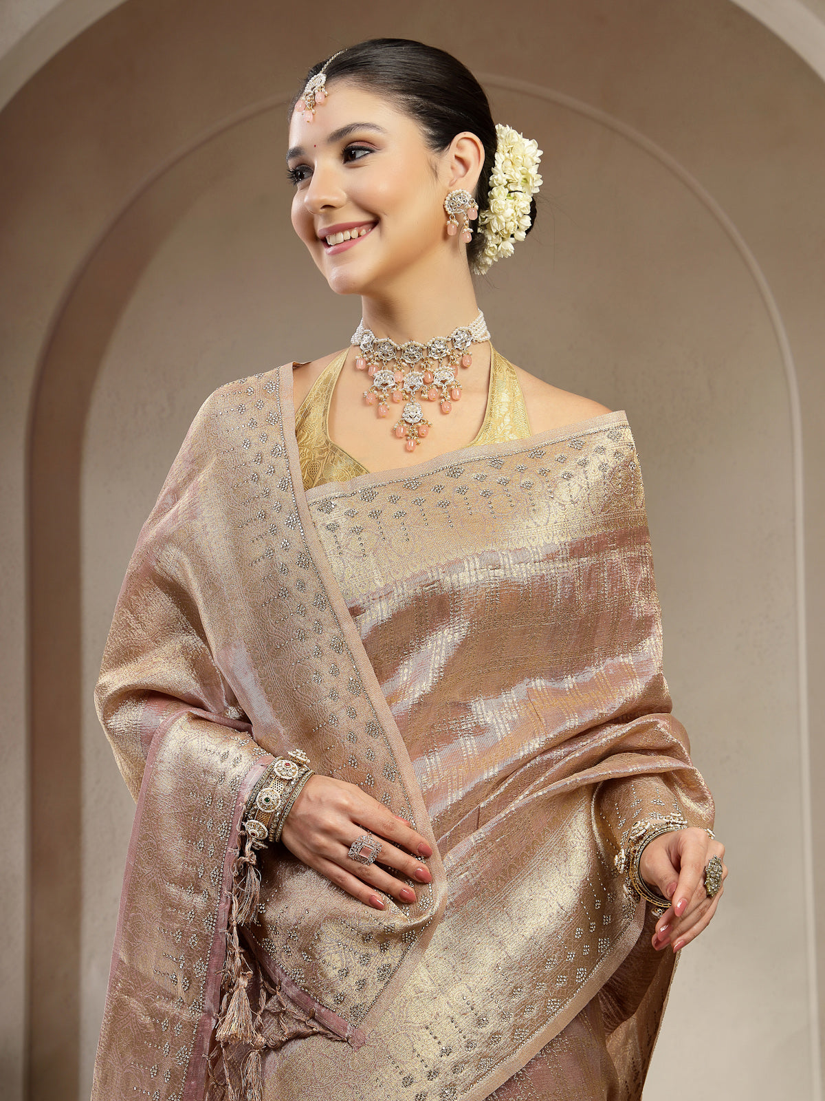 Champagne Gold Organza Silk Saree
