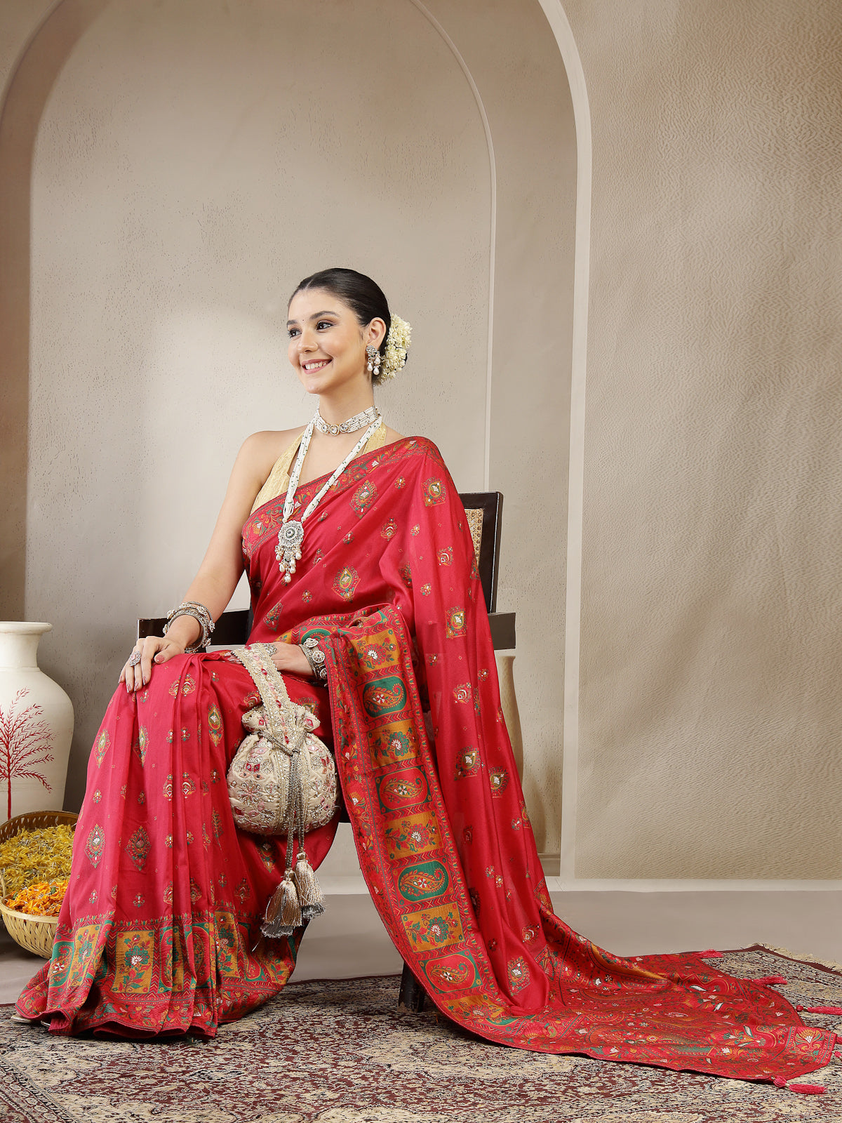 Crimson Red Organza Silk Saree