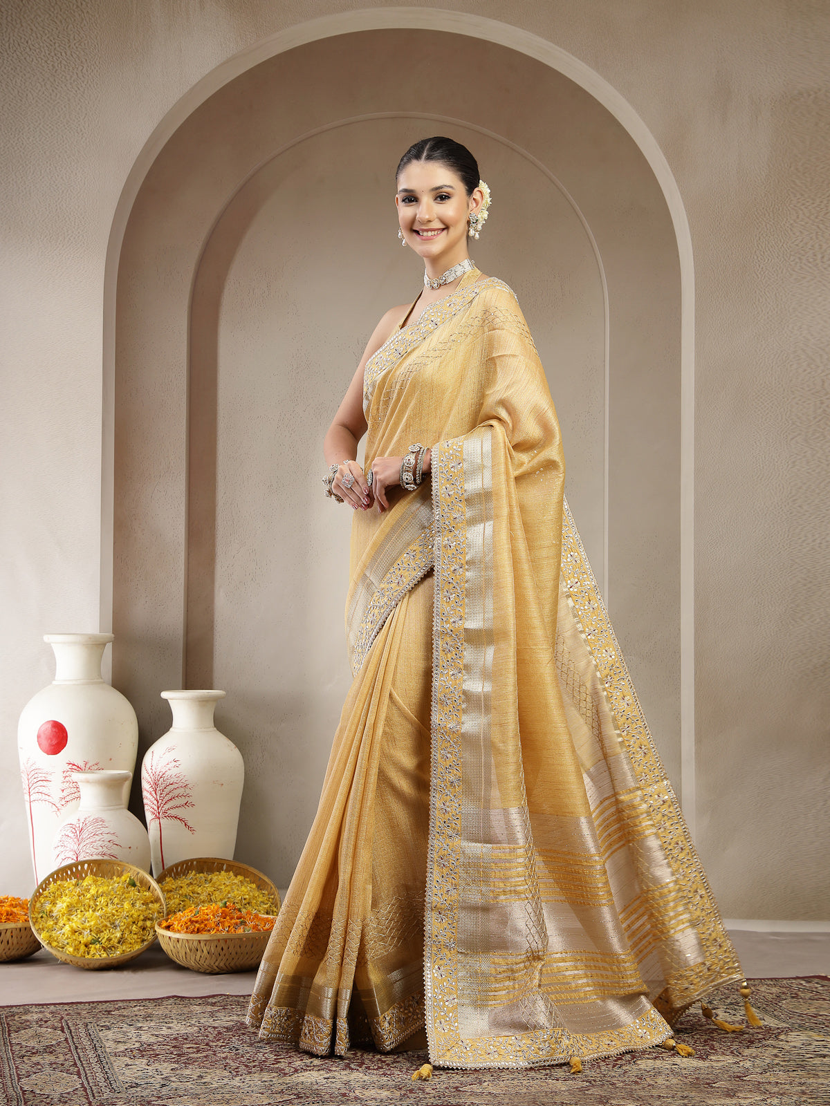 Golden Yellow Organza Silk Saree