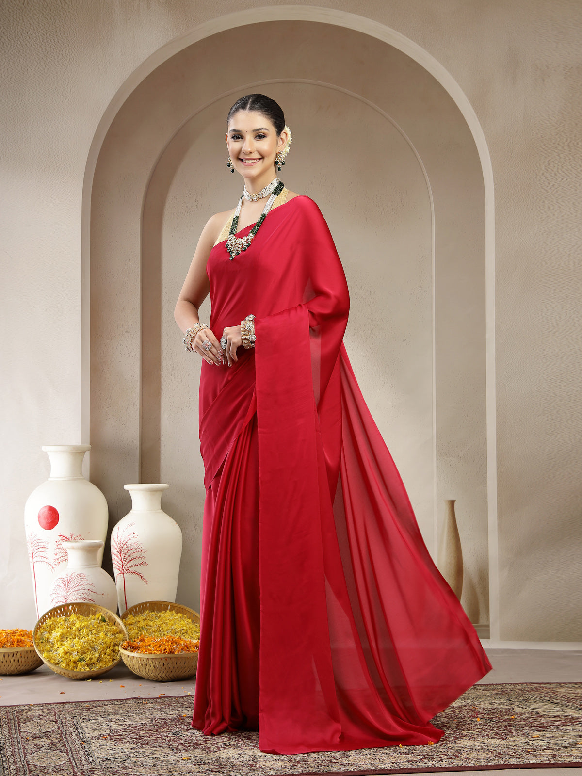 Crimson Red Satin Silk Saree