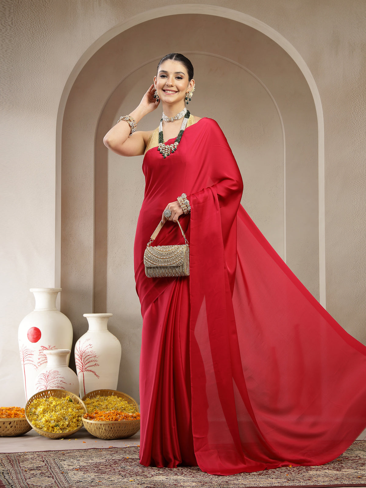 Crimson Red Satin Silk Saree