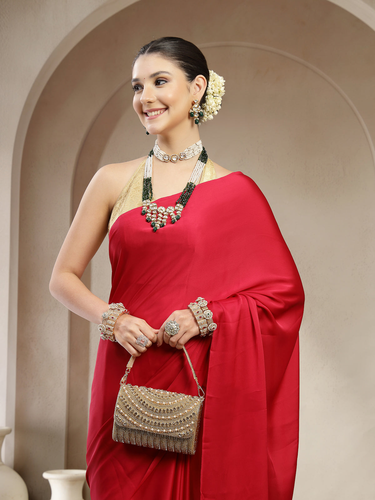 Crimson Red Satin Silk Saree
