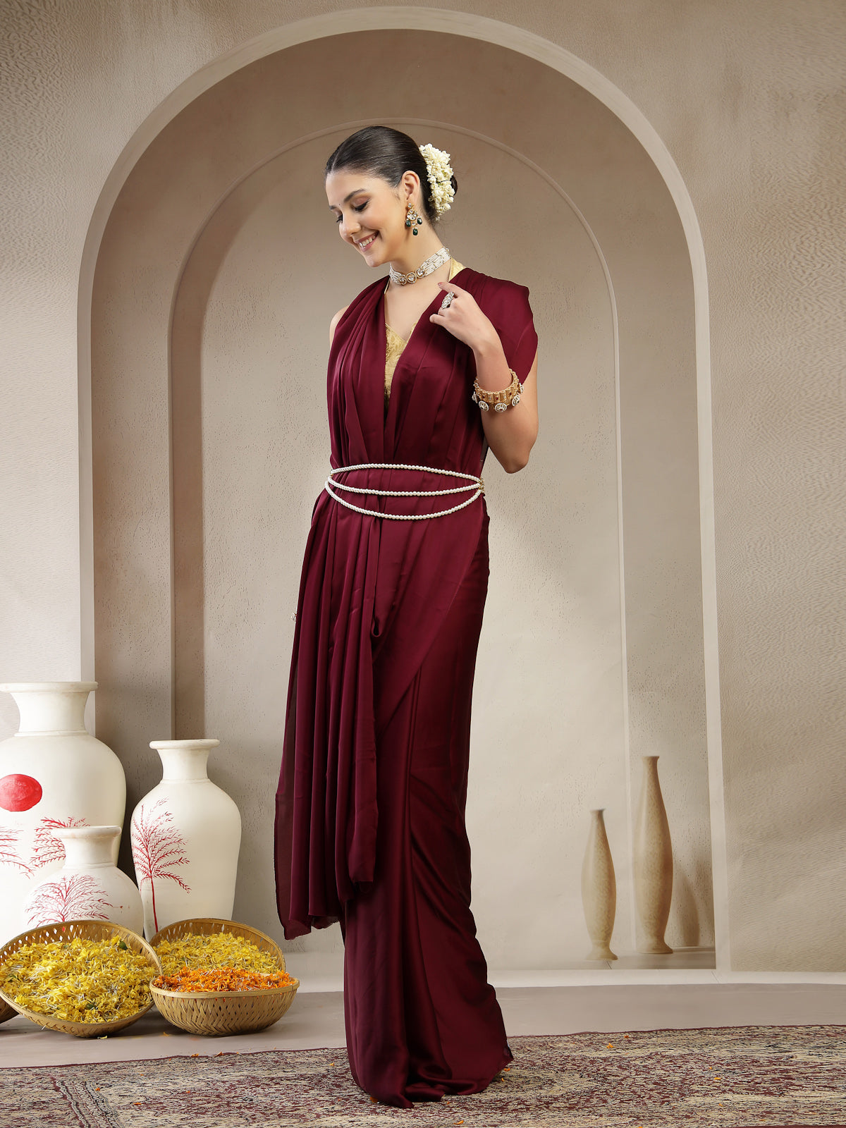 Deep Wine Satin Silk Saree