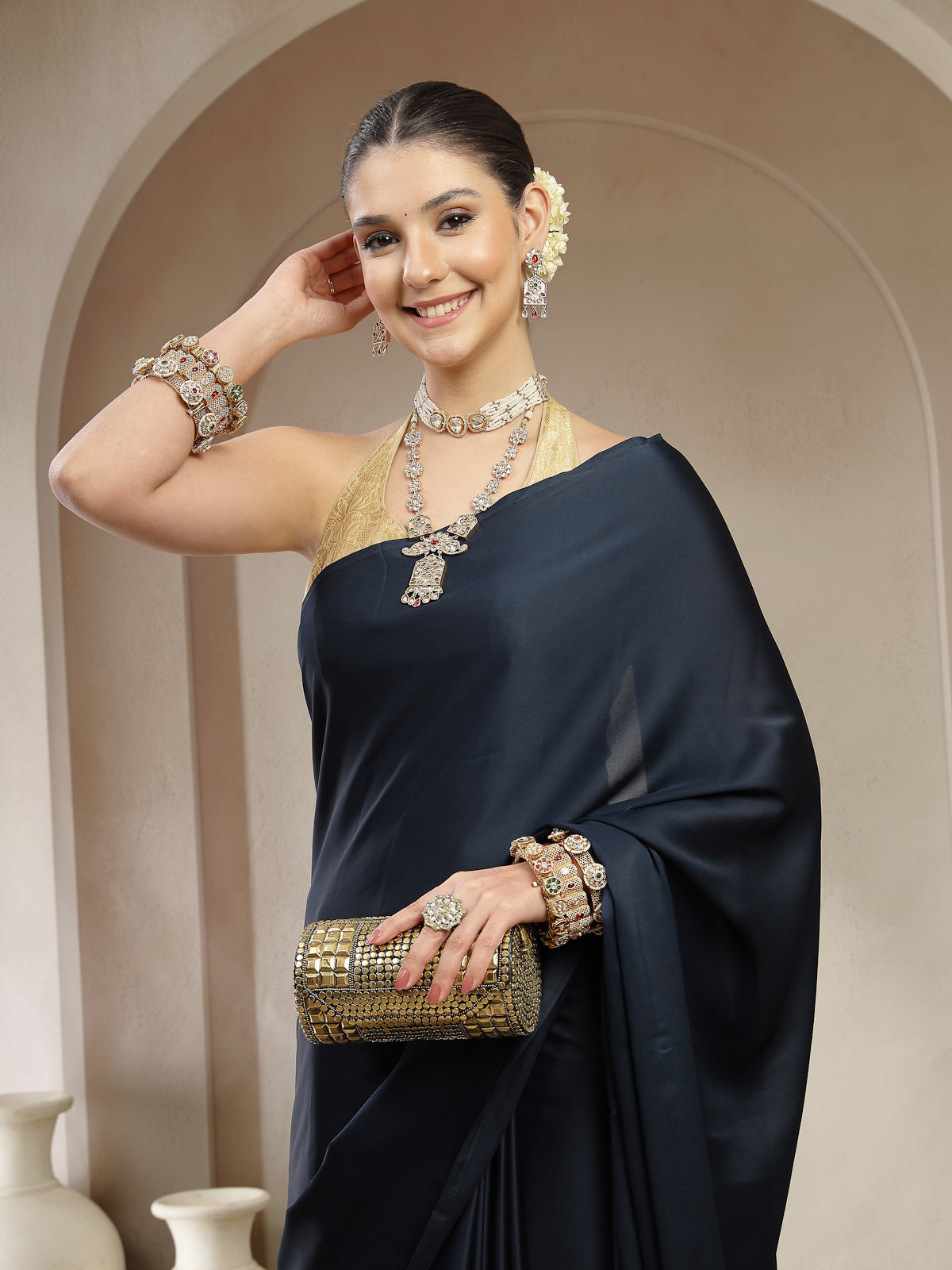 Dark Blue Plain Satin Silk Saree