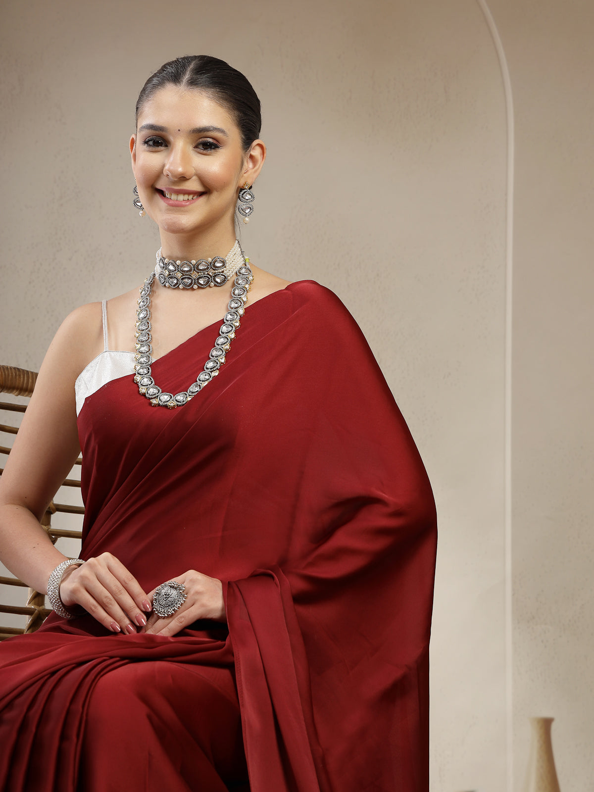 Plain Maroon Satin Silk Sarees