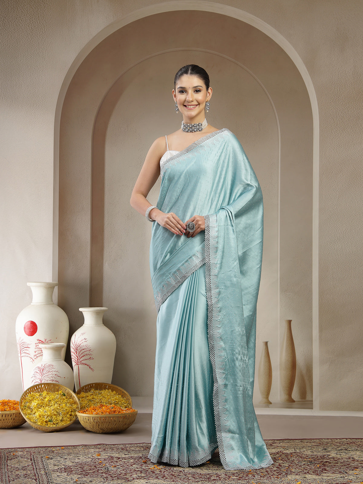 Sky Blue Satin Saree with Silver Border
