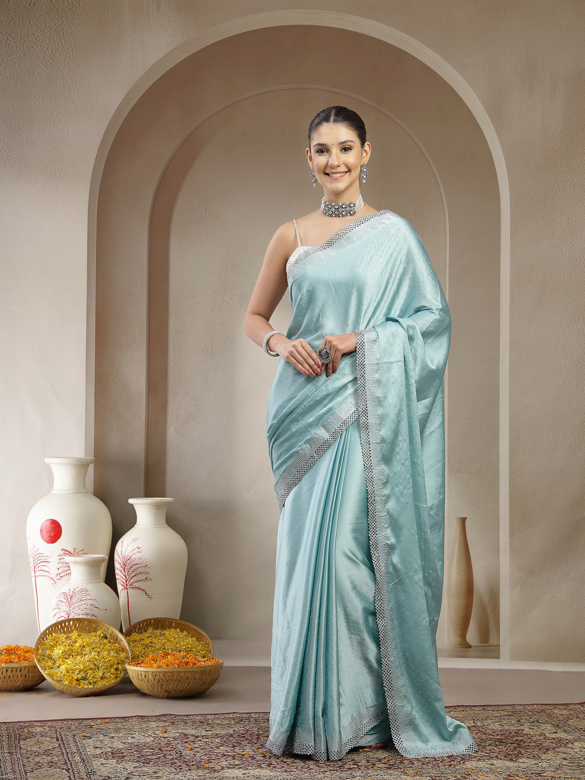 Sky Blue Satin Saree with Silver Border