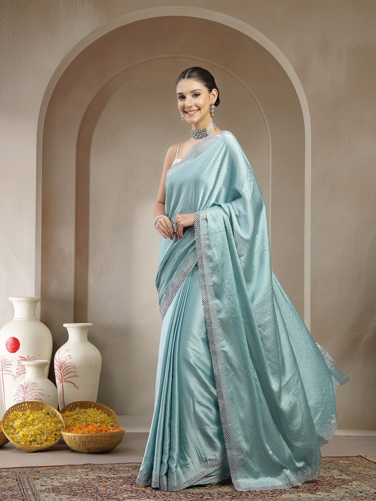 Sky Blue Satin Saree with Silver Border